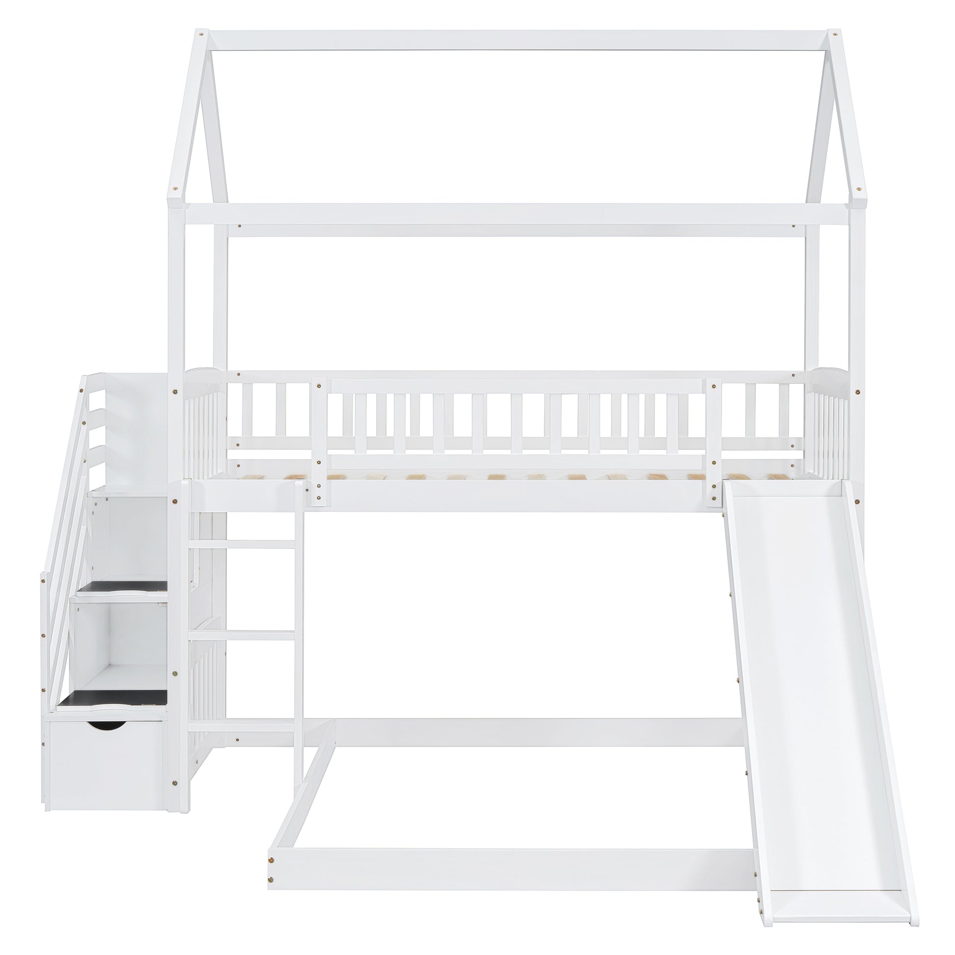 Twin Over Twin Bunk Bed With Two Drawers And Slide, House Bed With Slide, White Old Sku :Lt000129Aak White Pine