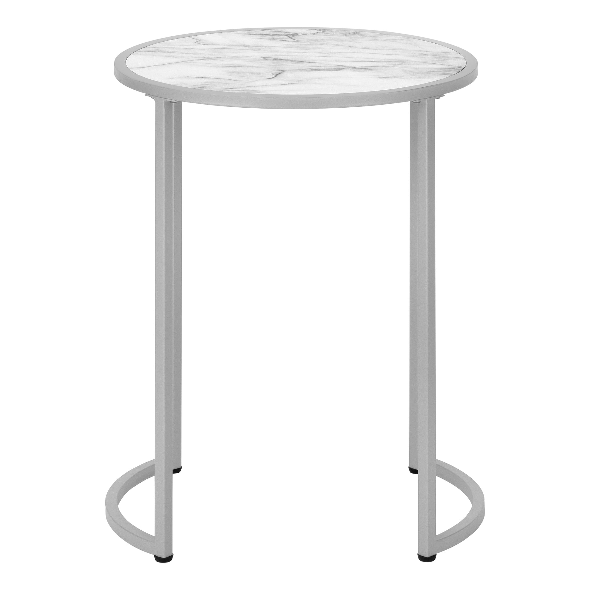 Accent Table, Side, Round, End, Nightstand, Lamp, Living Room, Bedroom, White Marble Look Laminate, Grey Metal, Contemporary, Modern White Metal