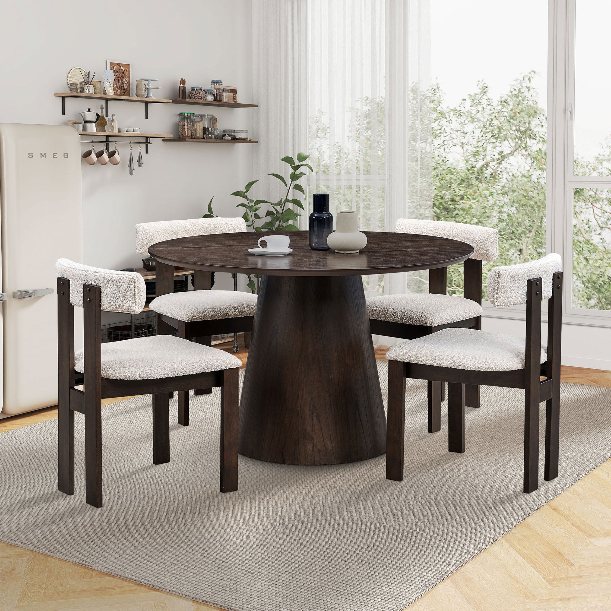 47.24'' Round Modern Style Mdf Wood Dining Table For Kitchen, Living Room, Cafe, Stylish Leisure Desk With Sturdy Cylindrical Base, For Small Spaces, Apartment,Dark Brown Dark Brown Mdf