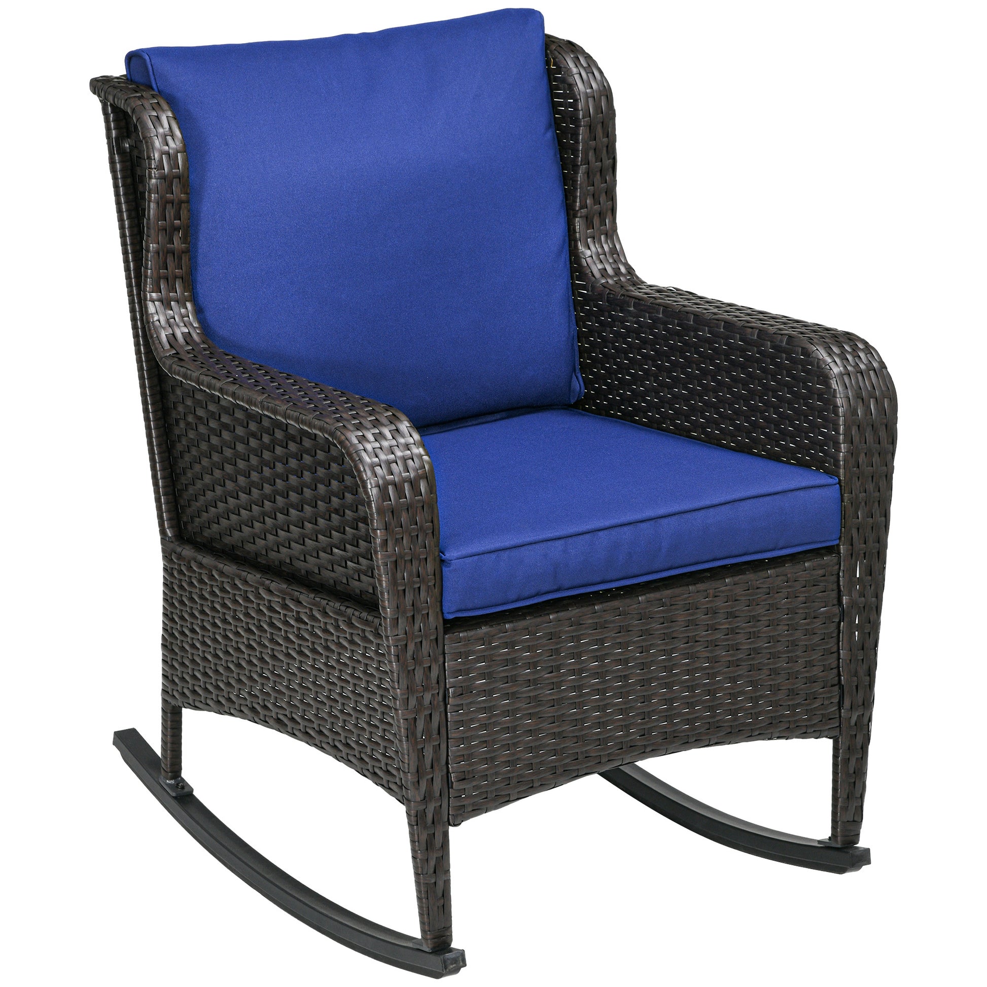 Outsunny Outdoor Wicker Rocking Chair With Wide Seat, Thick Cushions, Rattan Rocker With Steel Frame, High Weight Capacity For Patio, Garden, Backyard, Dark Blue Blue Steel