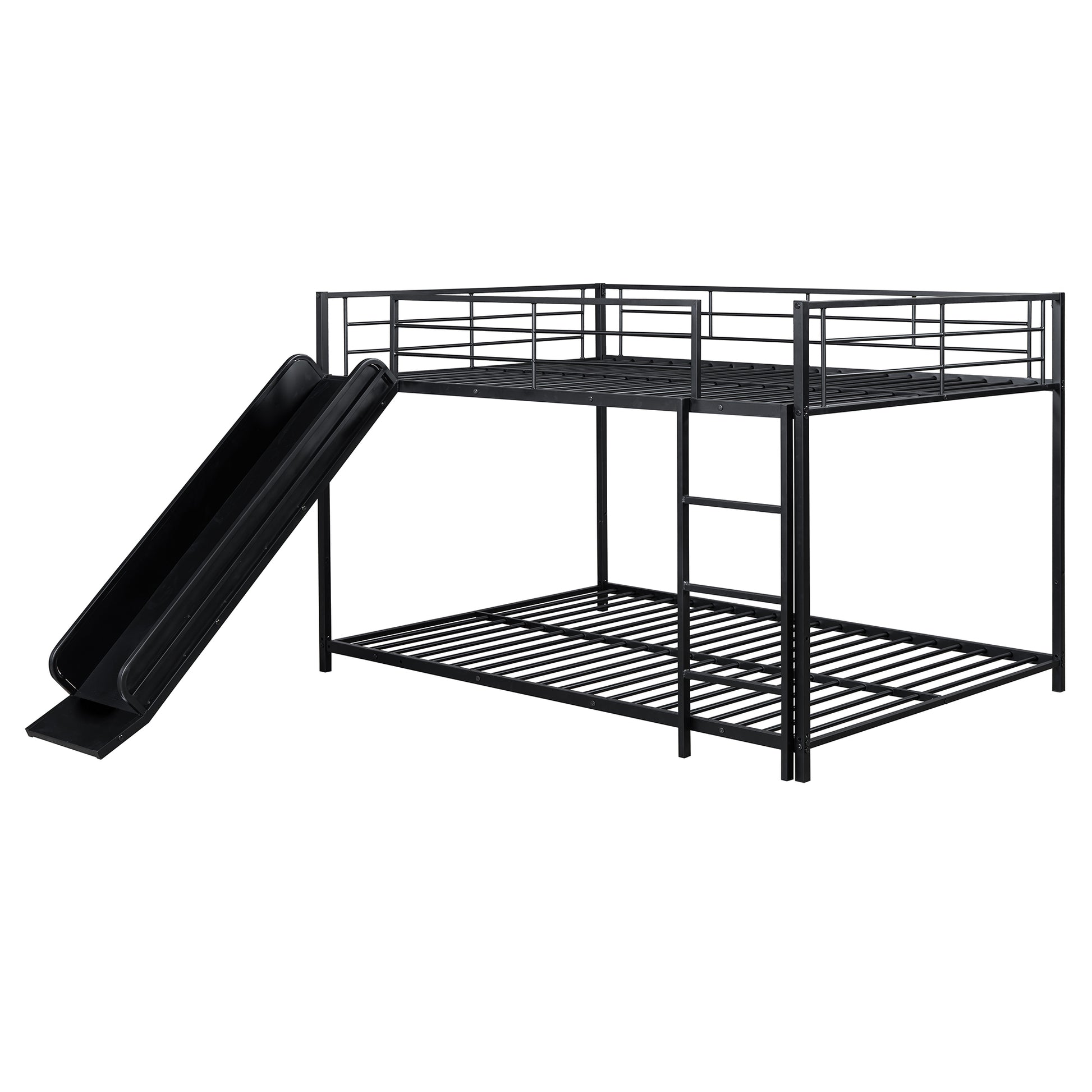 Full Over Full Size Metal Bunk Bed With Slide And Guardrails, Black Full Black Metal