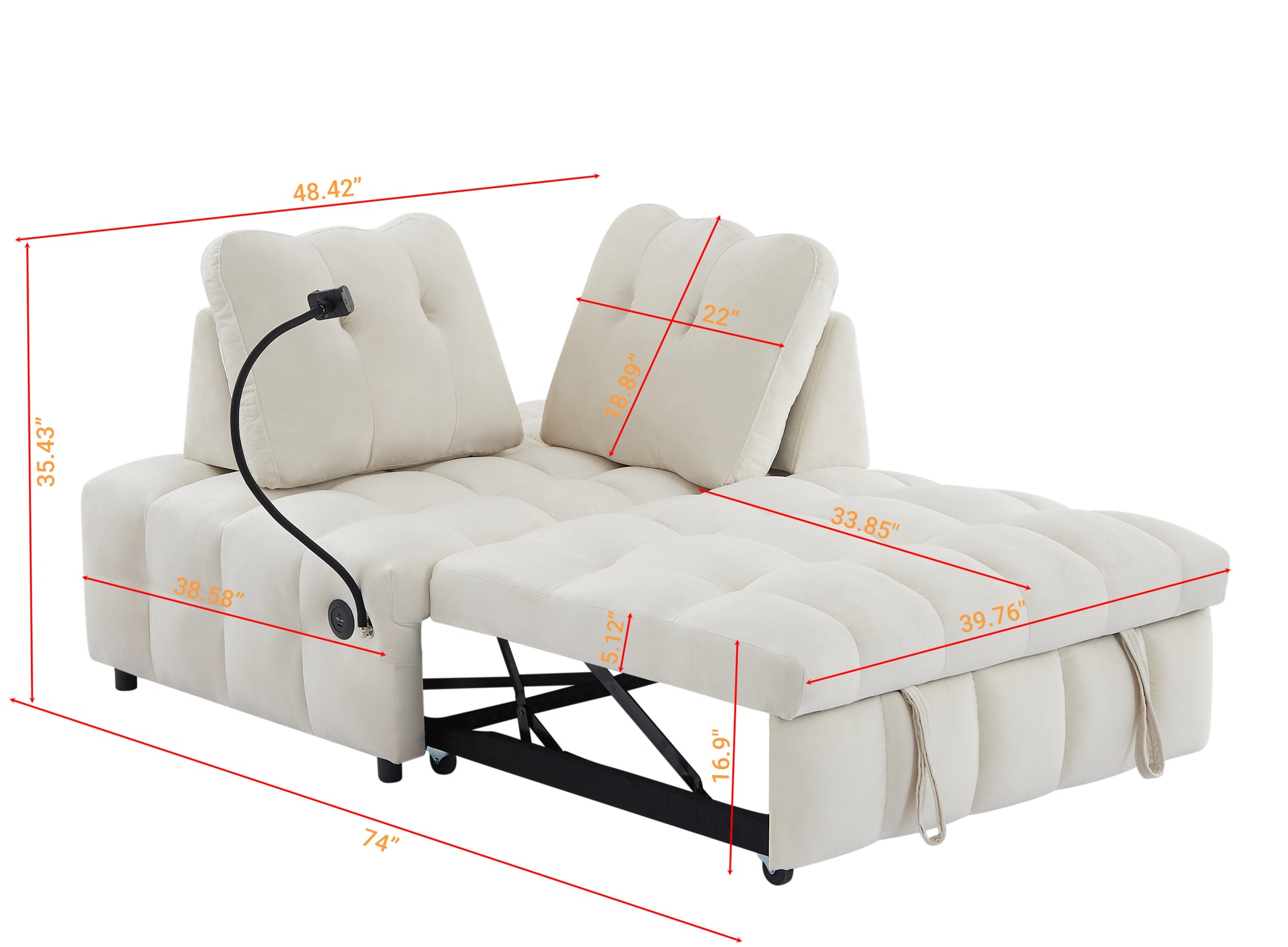 Modern Sofa Velvet Pull Out Bed,Independently Removable Backrest, Have Usb Port And Swivel Phone Stand ,Beige Beige Wood Velvet 2 Seat
