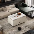 Modern Lift Up Coffee Table With 4 Stools Set For Living Room Expandable 1 Hidden Storage 2 Drawers Space Saving Folding Dining Table White Mdf