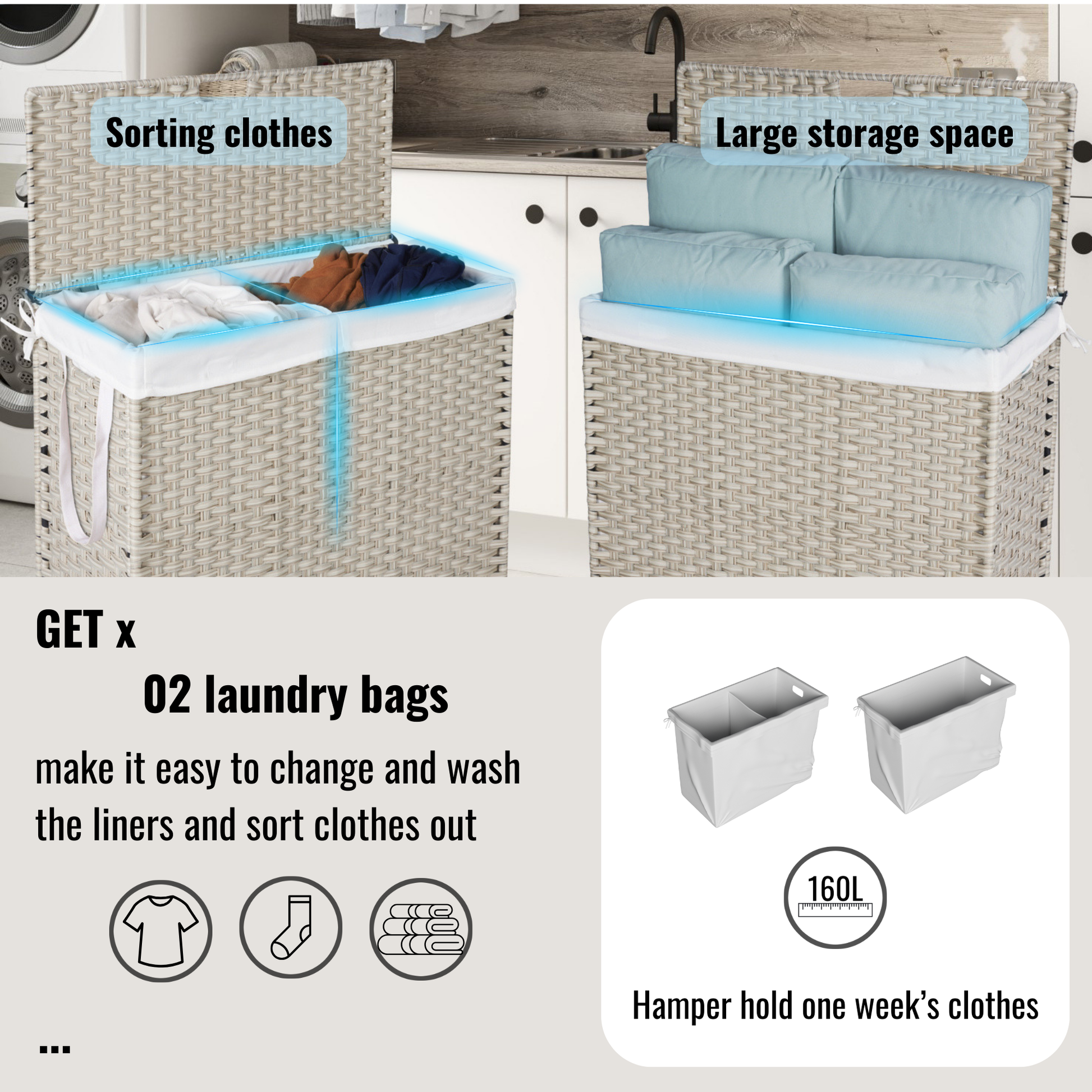 Laundry Hamper With Lid Pe Rattan Powder Coating Frame Clothes Hampers With 02 Removable Bags, Wheels, 160L, Grey Color Light Grey 1 Foldable Bathroom American Design,American Traditional Wicker