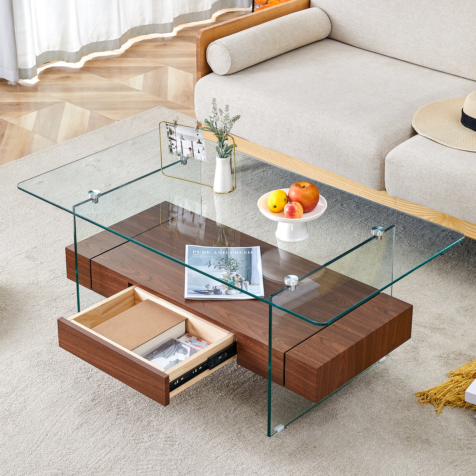 43.3 Inch Modern Two Tier Coffee Table Clear Tempered Glass And Dark Wood Grain, Multifunctional Storage Design.The Bottom Tier Includes A Drawer.Can Be Used As A Coffee Table,Side Table,Etc.