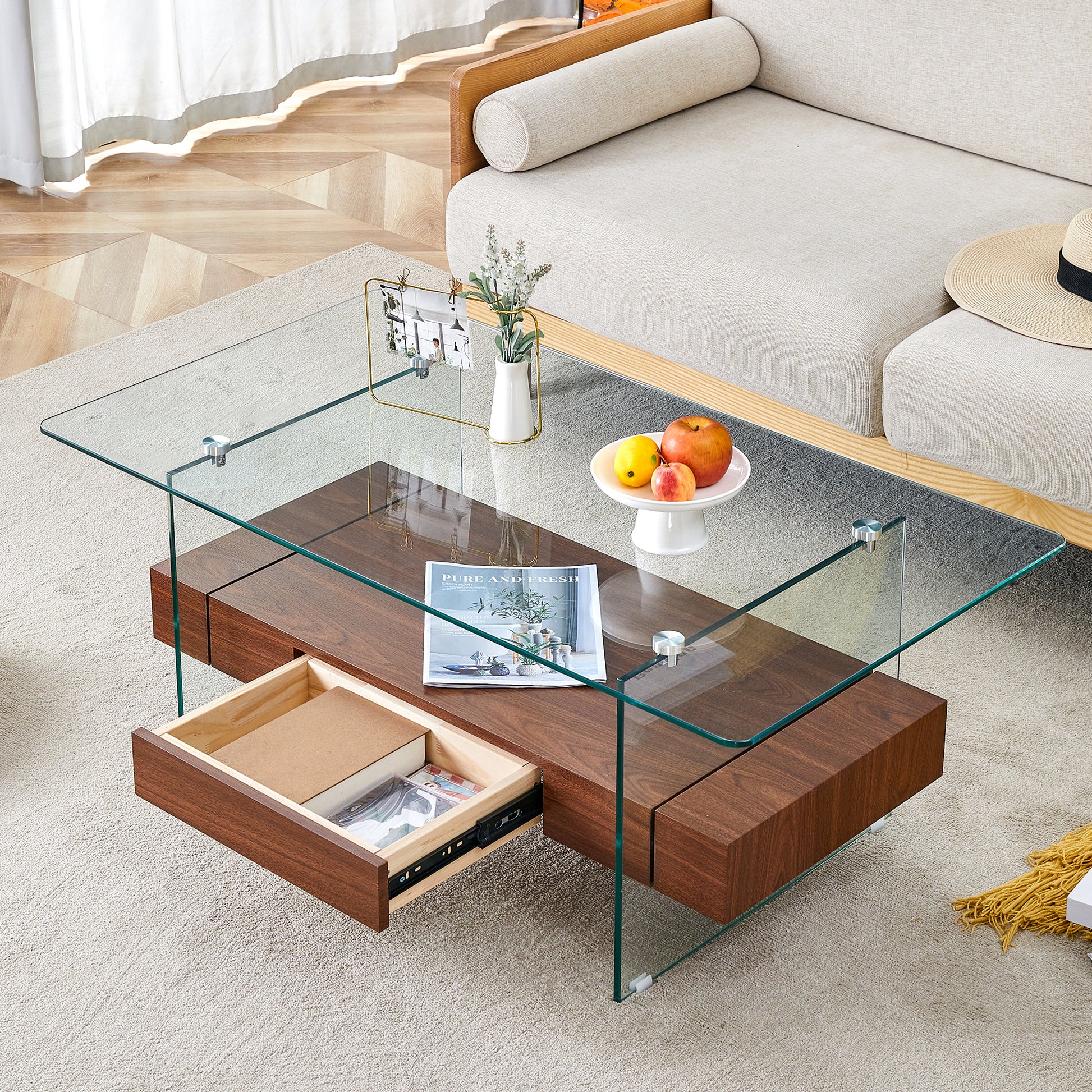 43.3 Inch Modern Two Tier Coffee Table Clear Tempered Glass And Dark Wood Grain, Multifunctional Storage Design.The Bottom Tier Includes A Drawer.Can Be Used As A Coffee Table,Side Table,Etc.