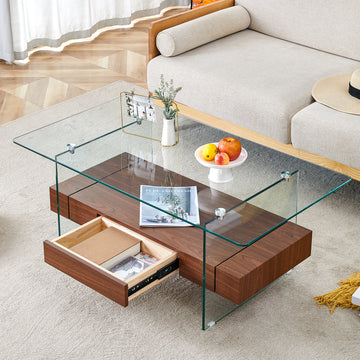 43.3 Inch Modern Two Tier Coffee Table Clear Tempered Glass And Dark Wood Grain, Multifunctional Storage Design.The Bottom Tier Includes A Drawer.Can Be Used As A Coffee Table,Side Table,Etc.