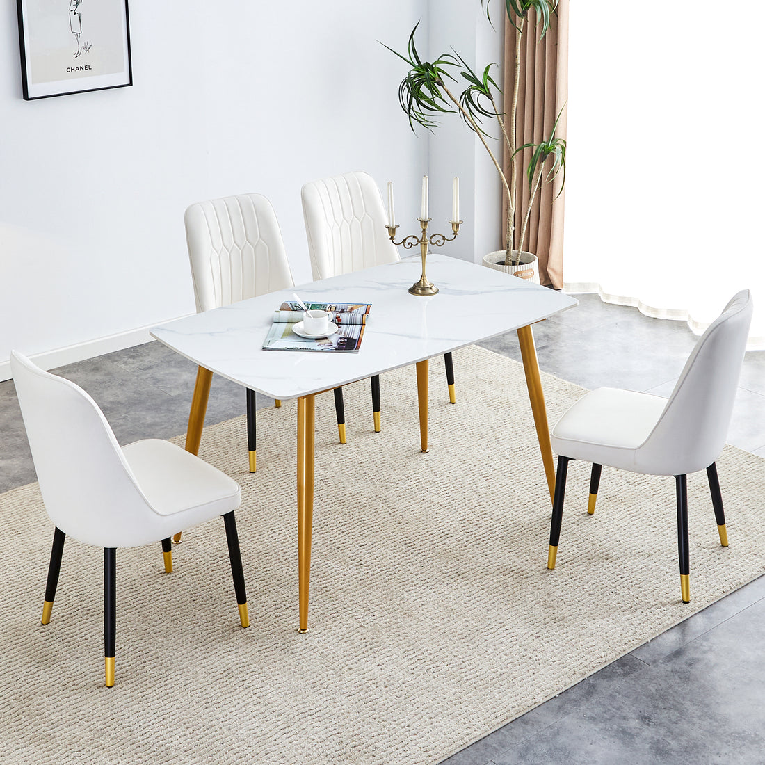 Table And Chair Set.A Morden Table With White Imitation Marble Patterned Stone Burning Tabletop With Golden Metal Legs.Paried With 4 Chairs With Pu Leather Backrest And Black Metal Legs. Black,White Gold Seats 4 Metal,Sintered Stone