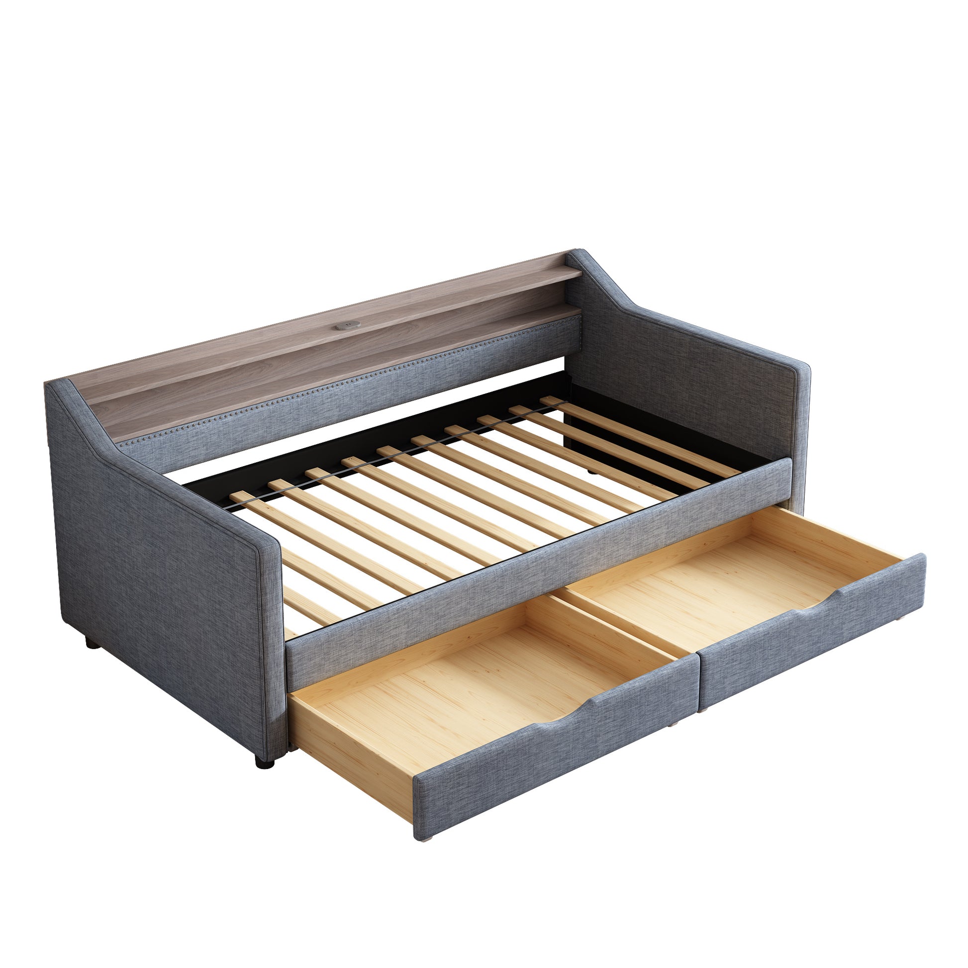 Twin Size Daybed With 2 Storage Drawers And 2 Tier Shelf & Usb Type C Port, Modern Linen Upholstered Sofa Day Bed Frame With Smart Led Light For Livingroom, Apartment,Light Grey Box Spring Not