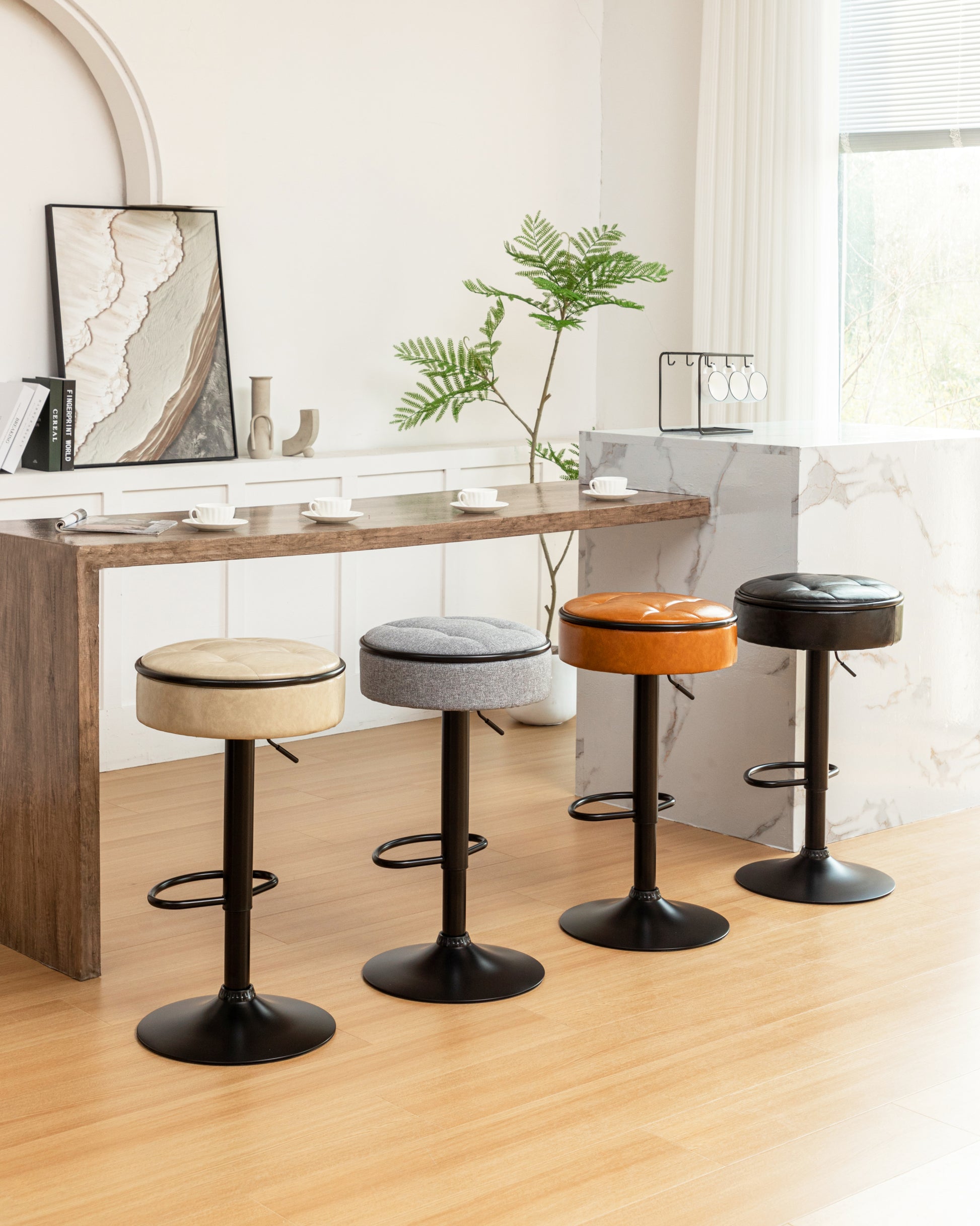 Round Storage Bar Stool Set Of 2, Brown Faux Leather Height Adjustable Barstool, 360 Counter Height Swivel Stool, Armless Bar Chair With Metal Frame For Kitchen Counter Dining Living Room Brown Set Of 2 Foam Pu Leather