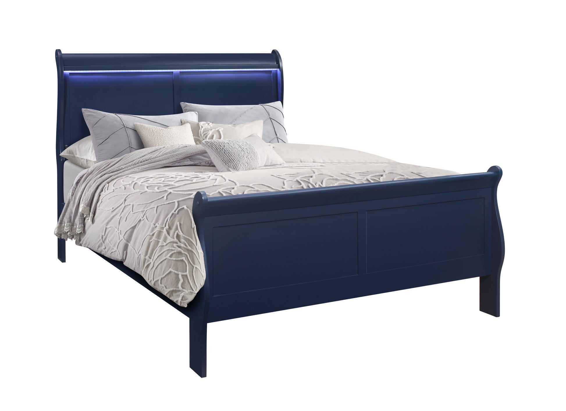 Charlston Blue Full Bed With Led Blue Solid Wood Mdf