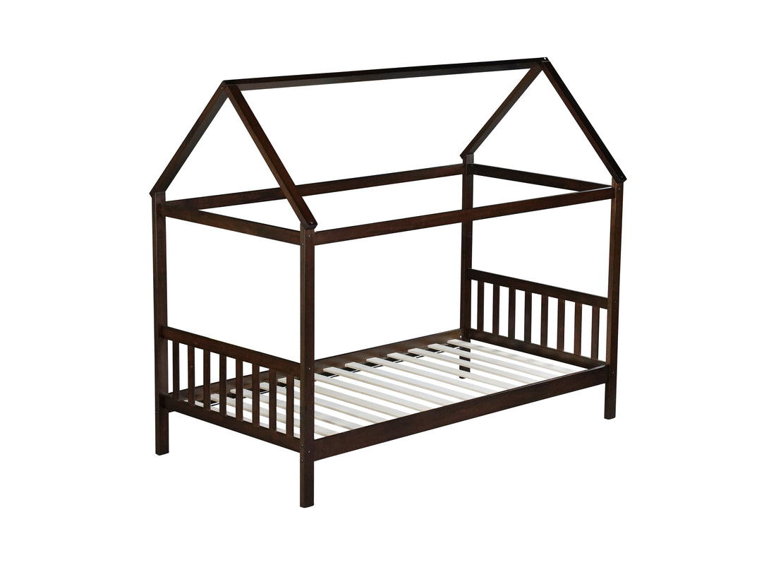 Twin House Bed With Headboard And Footboard, Twin Rubber Wood Bed With House Frame,Esspresso Twin Espresso Rubber Wood