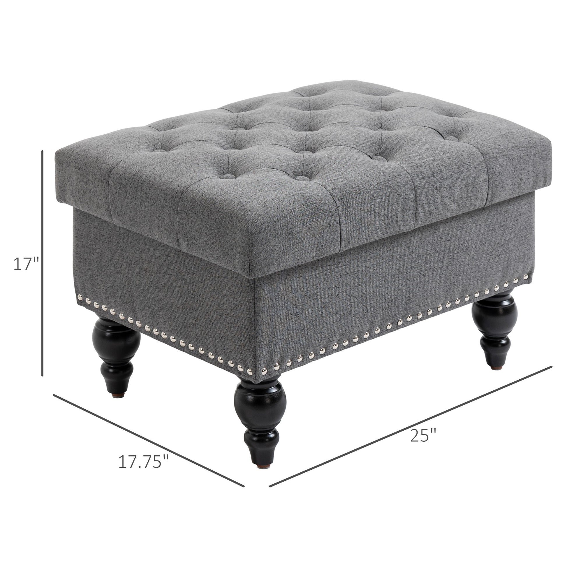 Homcom Ottoman With Storage For Living Room, 25" Storage Ottoman With Removable Lid, Button Tufted Fabric Bench For Footrest And Seat With Wood Legs, Gray Gray Linen