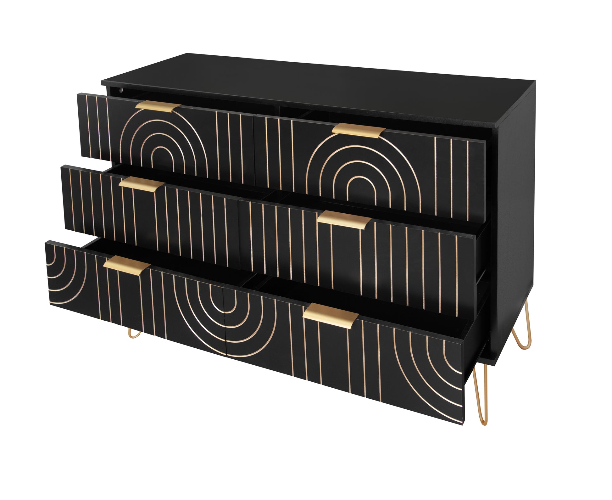 Modern 6 Drawer Dresser, Modern Dresser With Metal Handles, Storage Chest Of Drawer, Wide Dresser Drawer Organizers With Carving Design For Bedroom, Living Room, Hallway 5 Or More Drawers Black Modern Particle Board Mdf