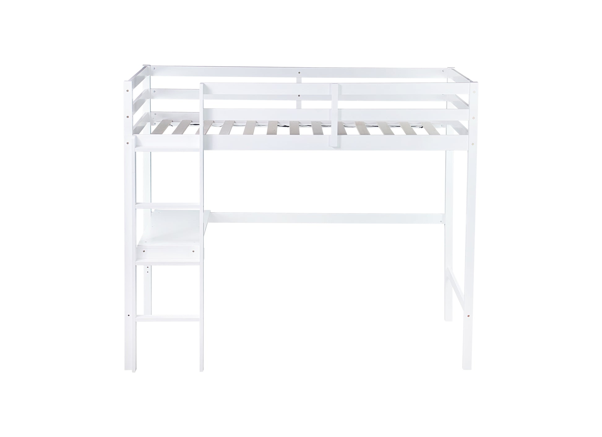 Twin High Loft Bed, Rubber Wood Loft Bed With Safety Guardrail, Built In Desk, Ladder,White Twin White Rubber Wood