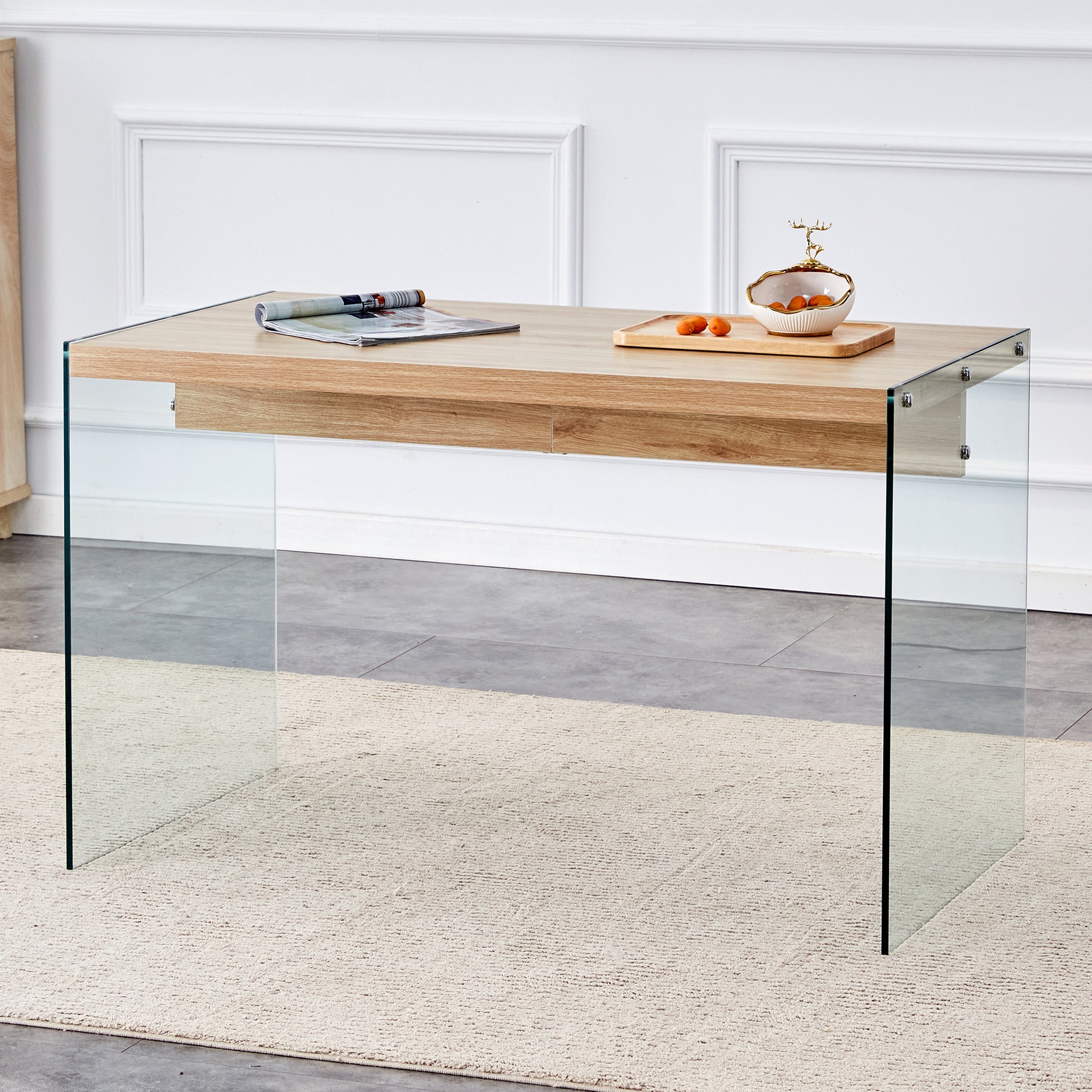 The Top Of The Coffee Table Is Made Of Medium Density Fiberboard And Wooden Stickers, With Transparent Tempered Glass On Both Sides. The Design Is Simple And Elegant, With A Sturdy Structure. Wood Mdf Glass