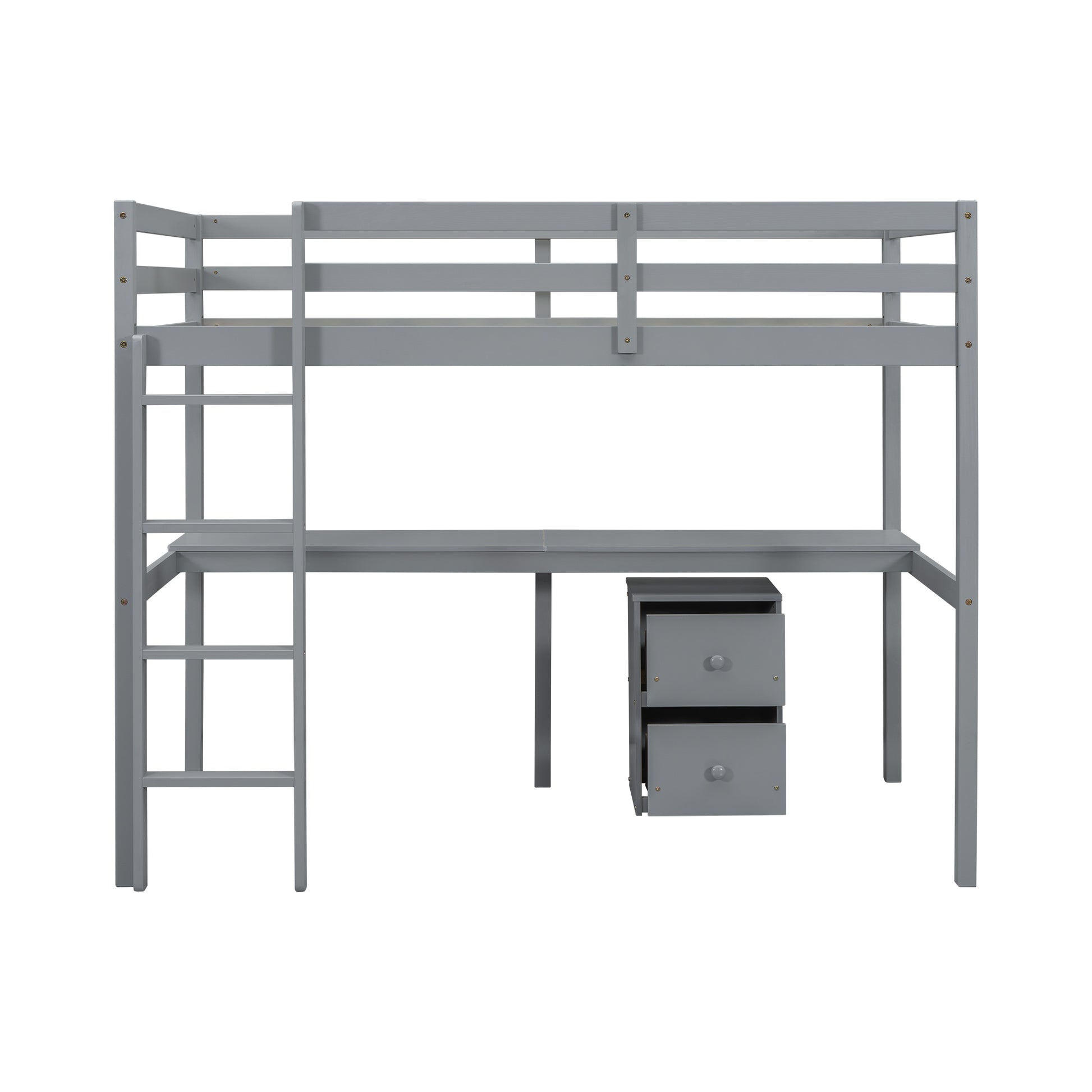 Twin Loft Wood Bed With Under Bed, Built In Desk, A Storage Cabinet Of 2 Drawers, Guardrails, Ladder,Grey Twin Grey Pine