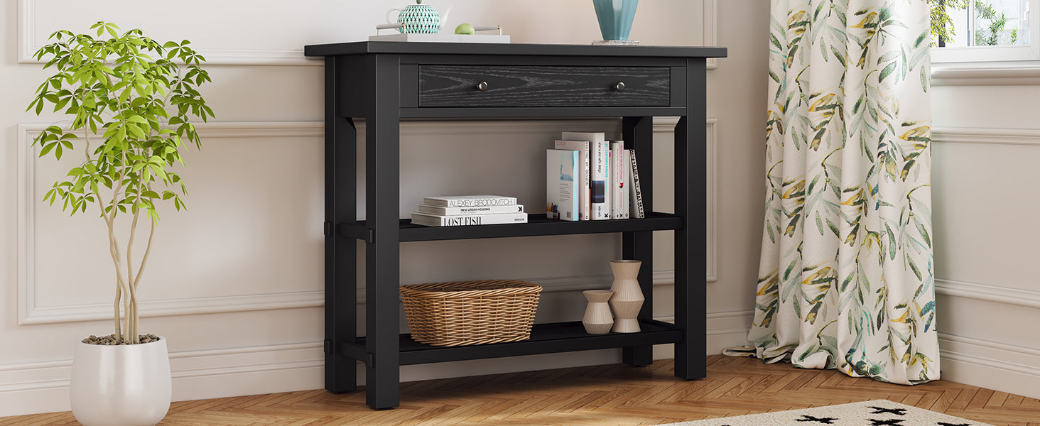 Retro Console Table With Drawer And Two Sturdy Shelves For Entryway, Living Room Black Black Mdf,Rubber Wood