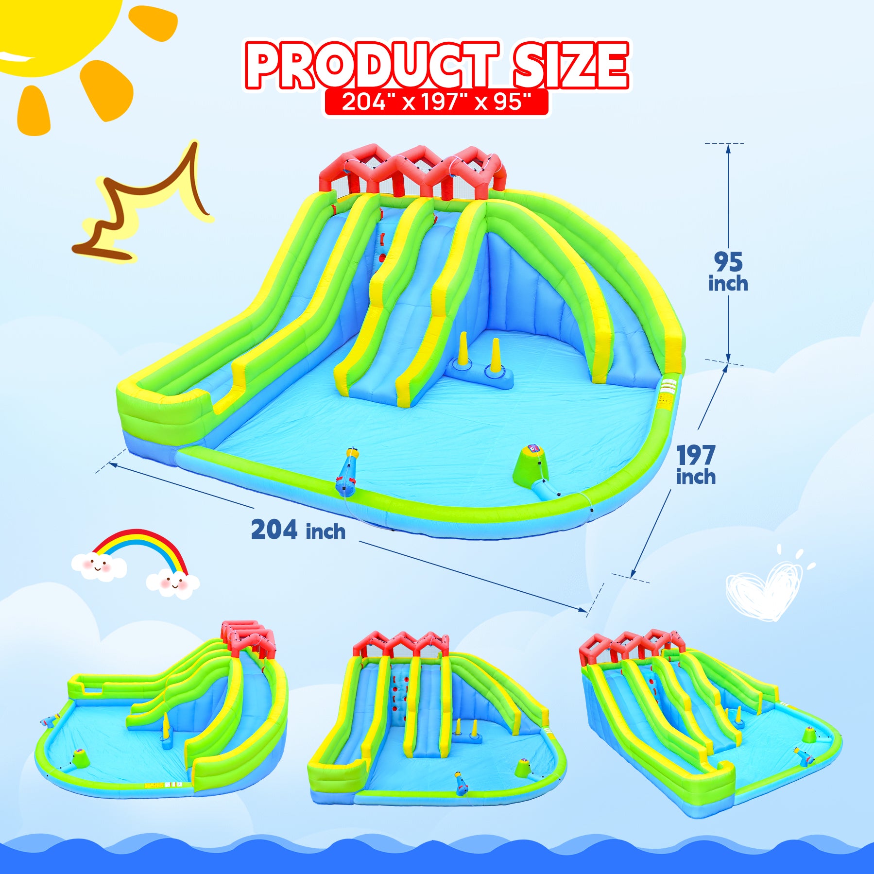 7 In1 Inflatable Water Park Three Slide With Blower Water Sprinkler Fountain Climbing Wall For Children Multicolor Oxford Fabric