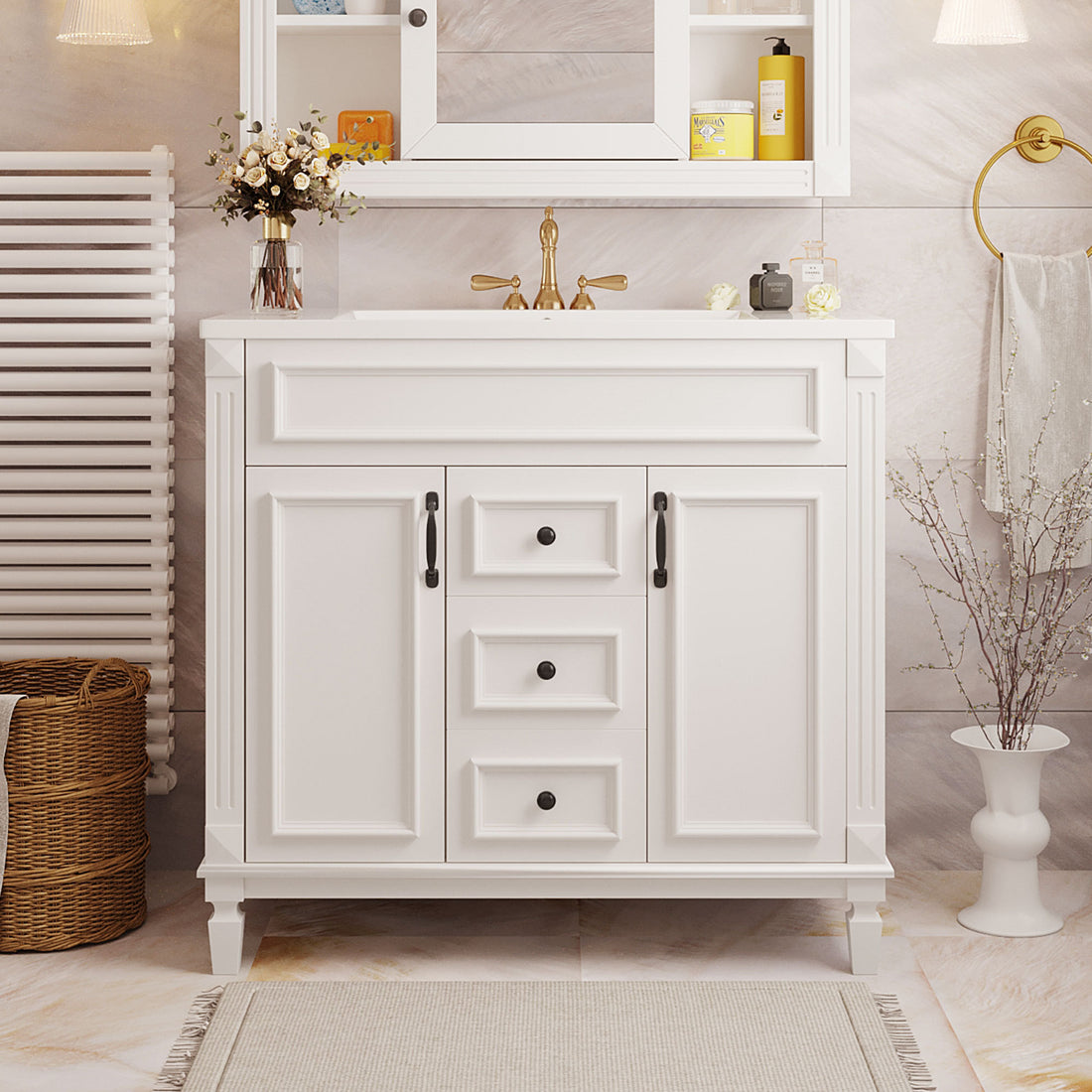 36'' Bathroom Vanity With Top Sink, Modern Bathroom Storage Cabinet With 2 Soft Closing Doors And 2 Drawers, Single Sink Bathroom Vanity White Mdf