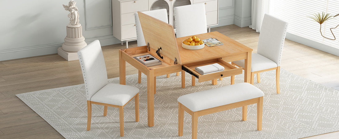 Farmhouse 6 Piece Dining Table Set With Storage Table, Kitchen Table Set With Drawer, Storable Bench And Upholstered Dining Chairs, Natural Beige Wood Dining Room Bench Seating Acacia Rectangular Dining Table With Chair And Bench Upholstered Chair Wood