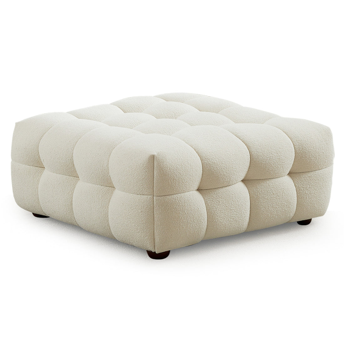 Morrison Ottoman Cream Boucle Cream,White Brown Wood Solid White Foam Tufted Boucle,Solid Wood