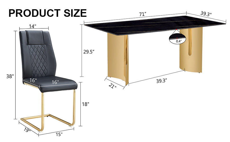 Table And Chair Set.The Table Has A Glass Tabletop With Imitation Marble Pattern Stickers And Stainless Steel Golden Table Legs. Paried With Comfortable Chairs With Pu Seats And Metal Legs. Gold Black Seats 8 Glass Metal