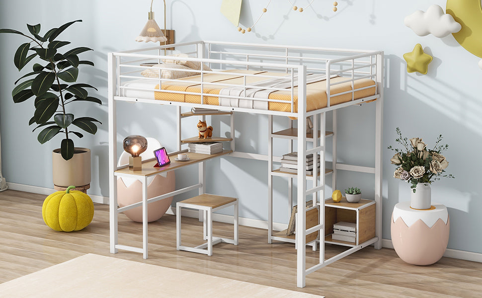 Full Size Loft Bed With Desk And Stool, Metal Loft Bed With Open Style Wardrobe, Shelves And Cabinet, White Full White Metal & Wood