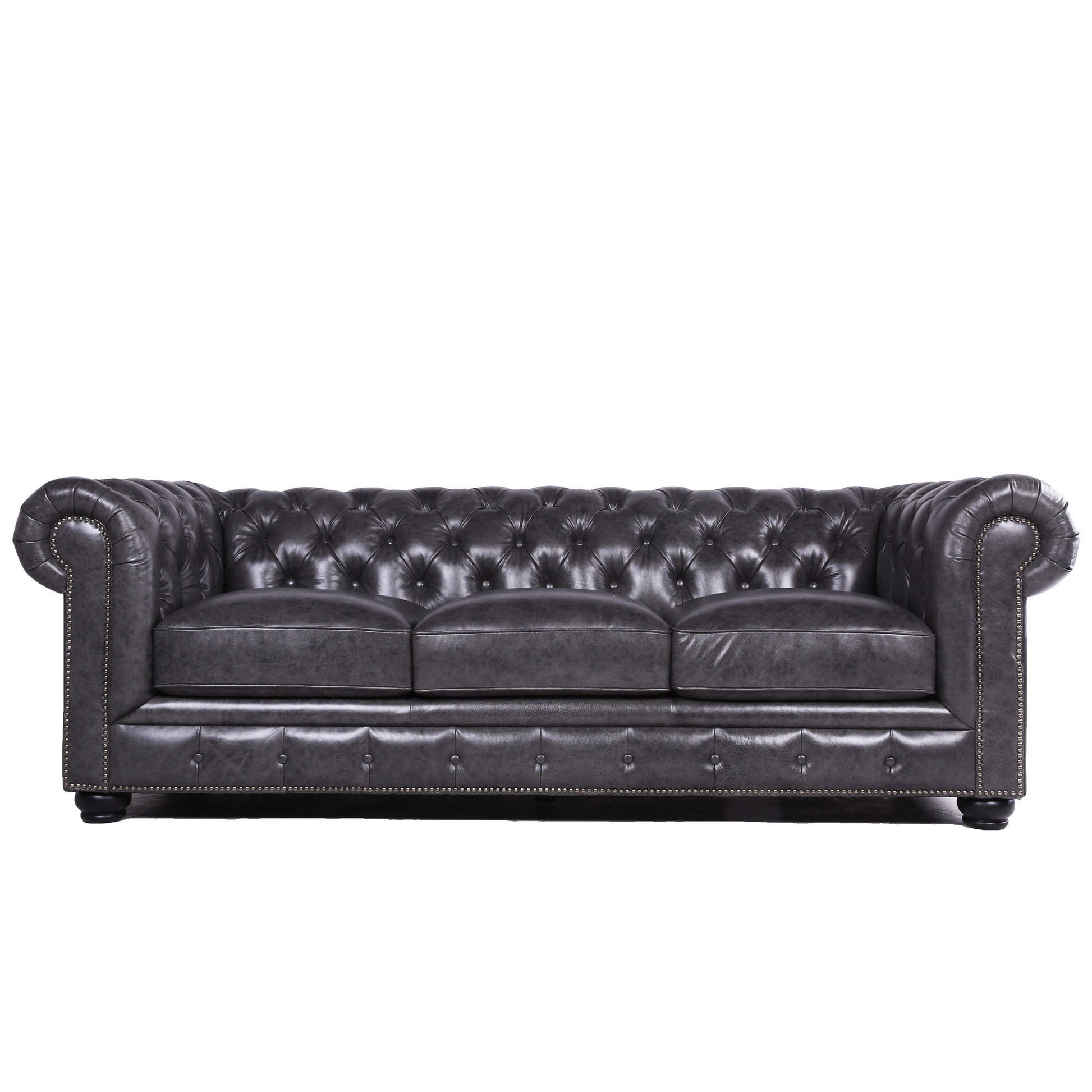 Traditional Tufted Leather Chesterfield Sofa Gray Leather 3 Seat