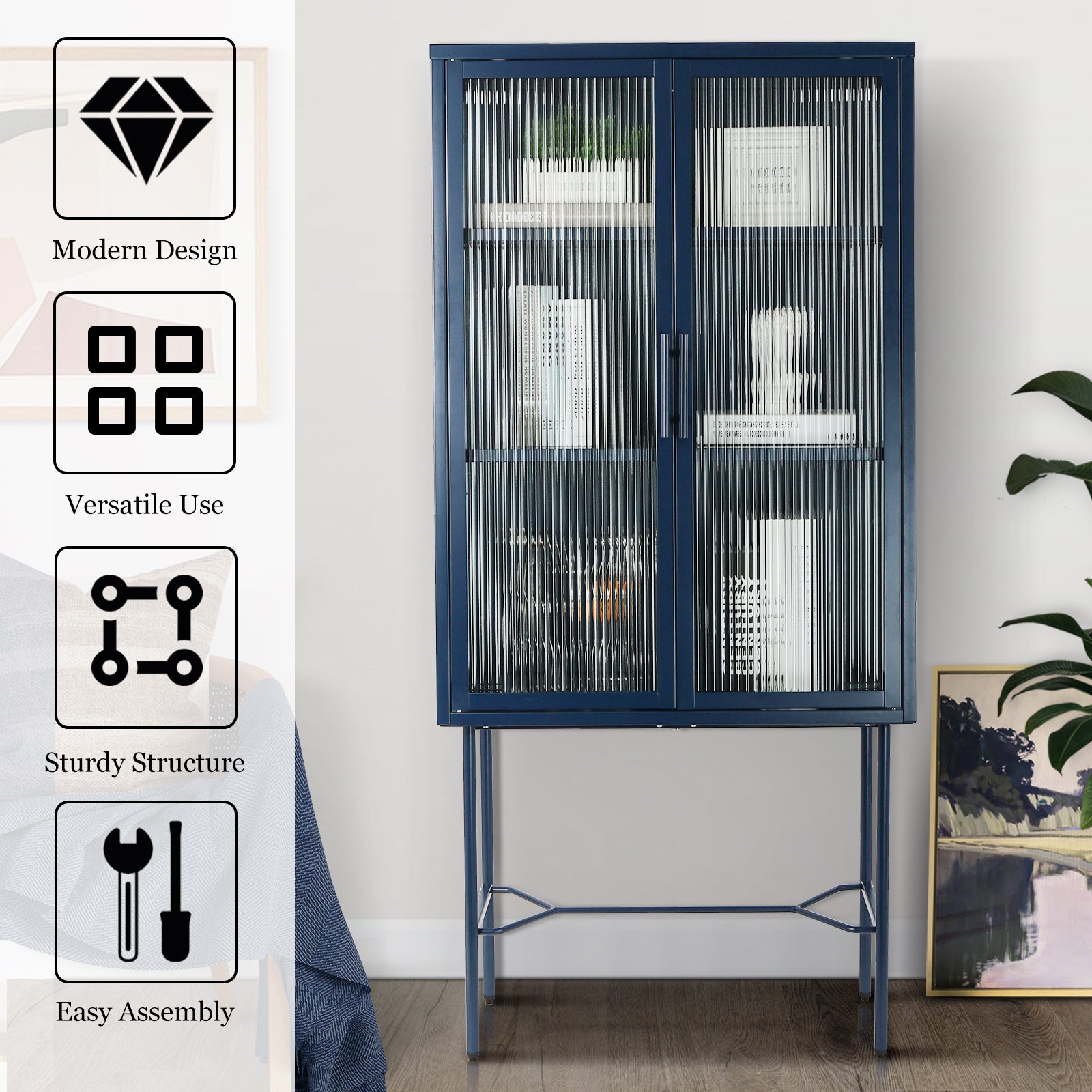 Elegant Floor Cabinet With 2 Glass Doors Living Room Display Cabinet With Adjustable Shelves Anti Tip Dust Free Easy Assembly Blue Color Old Sku:W68766570 Blue Steel