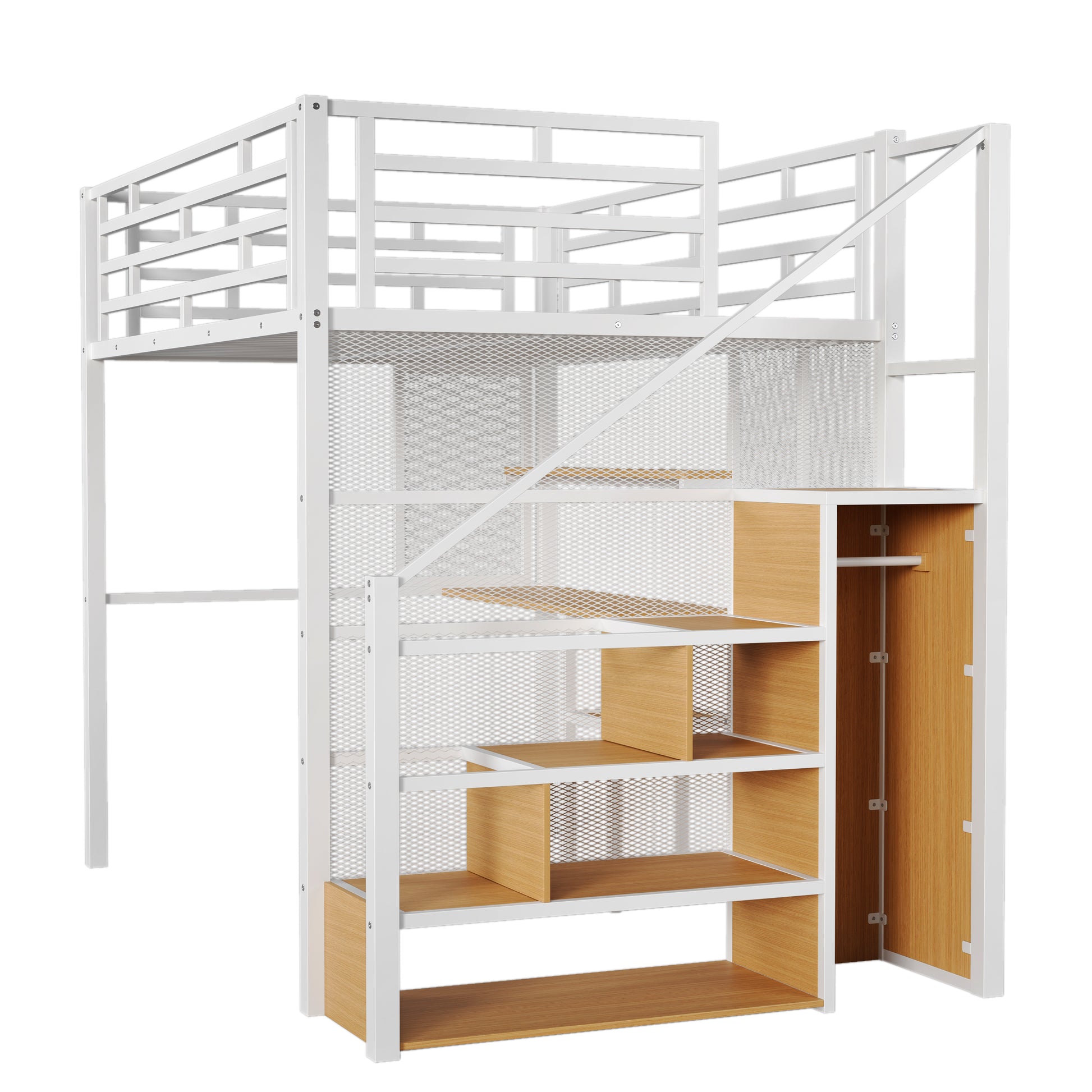 Full Size Metal Loft Bed With Wardrobe, Desk, Storage Shelves, White Expected Arrival Time: 10.3 Box Spring Not Required Full White Metal Mdf Metal