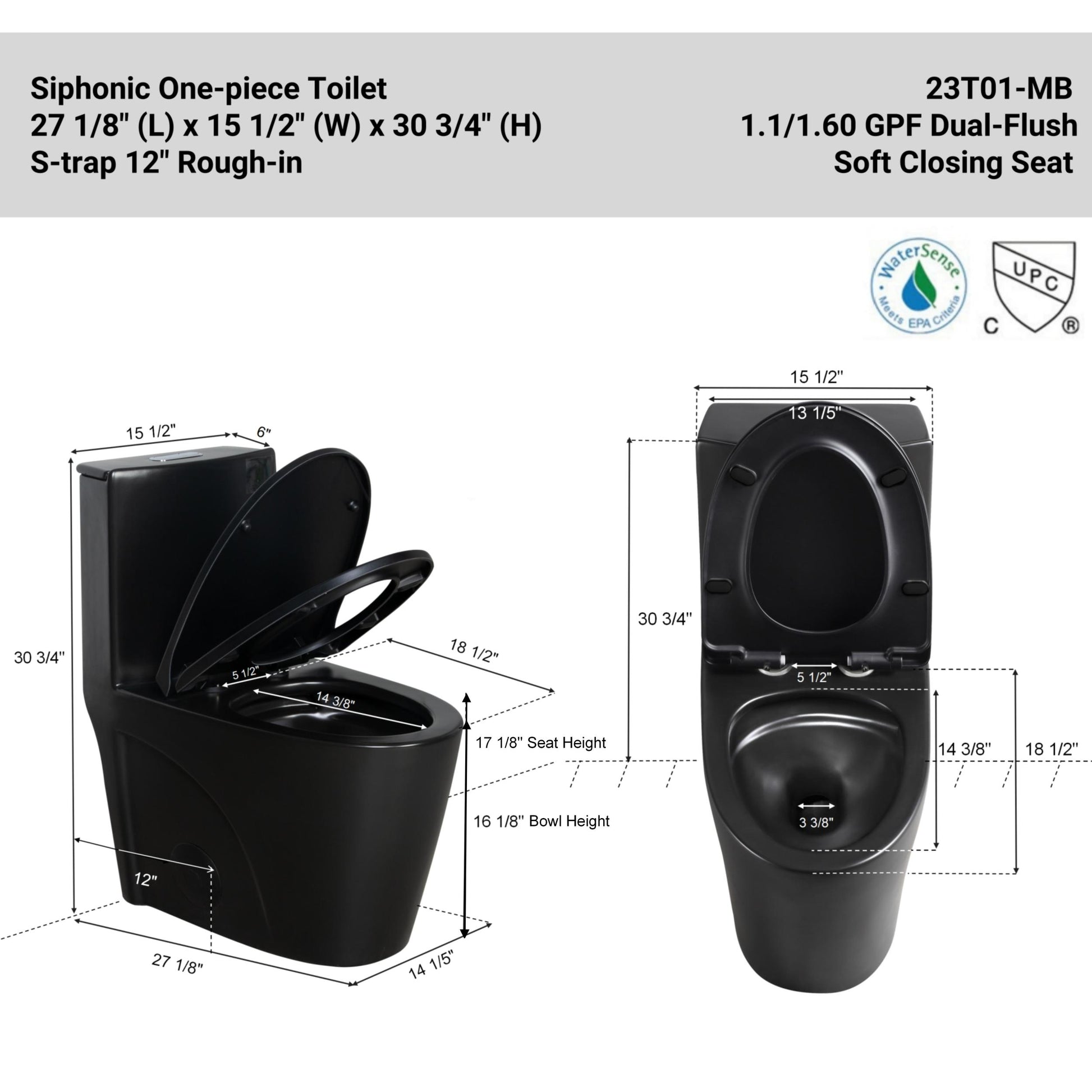 1.1 1.60 Gpf Dual Flush One Piece Toilet, Water Saving Elongated Comfort Height Floor Mounted, Soft Close Seat, 1000 Gram Map Flushing Score Toilet, Matte Black 23T01 Mb 1 Matte Black Ceramic