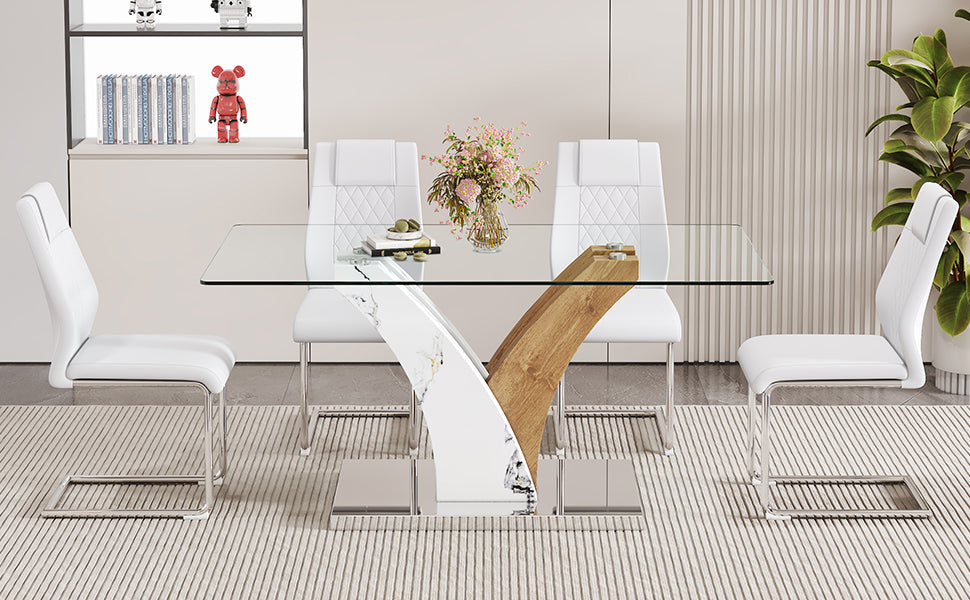 Table And Chair Set.Modern Dining Table, Tempered Glass Countertop With Artistic Mdf Legs.Paried With 4 Comfortable Chairs With Pu Seats And Metal Legs. Suitable For Various Decoration Styles. Transparent,White Seats 4 Mdf Glass