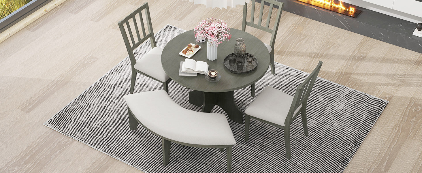 5 Piece Rustic Charm Round Dining Set With 3 Upholstered Chairs And Curved Bench For Dining Room, Kitchen And Living Room Gray Gray Rubber Wood