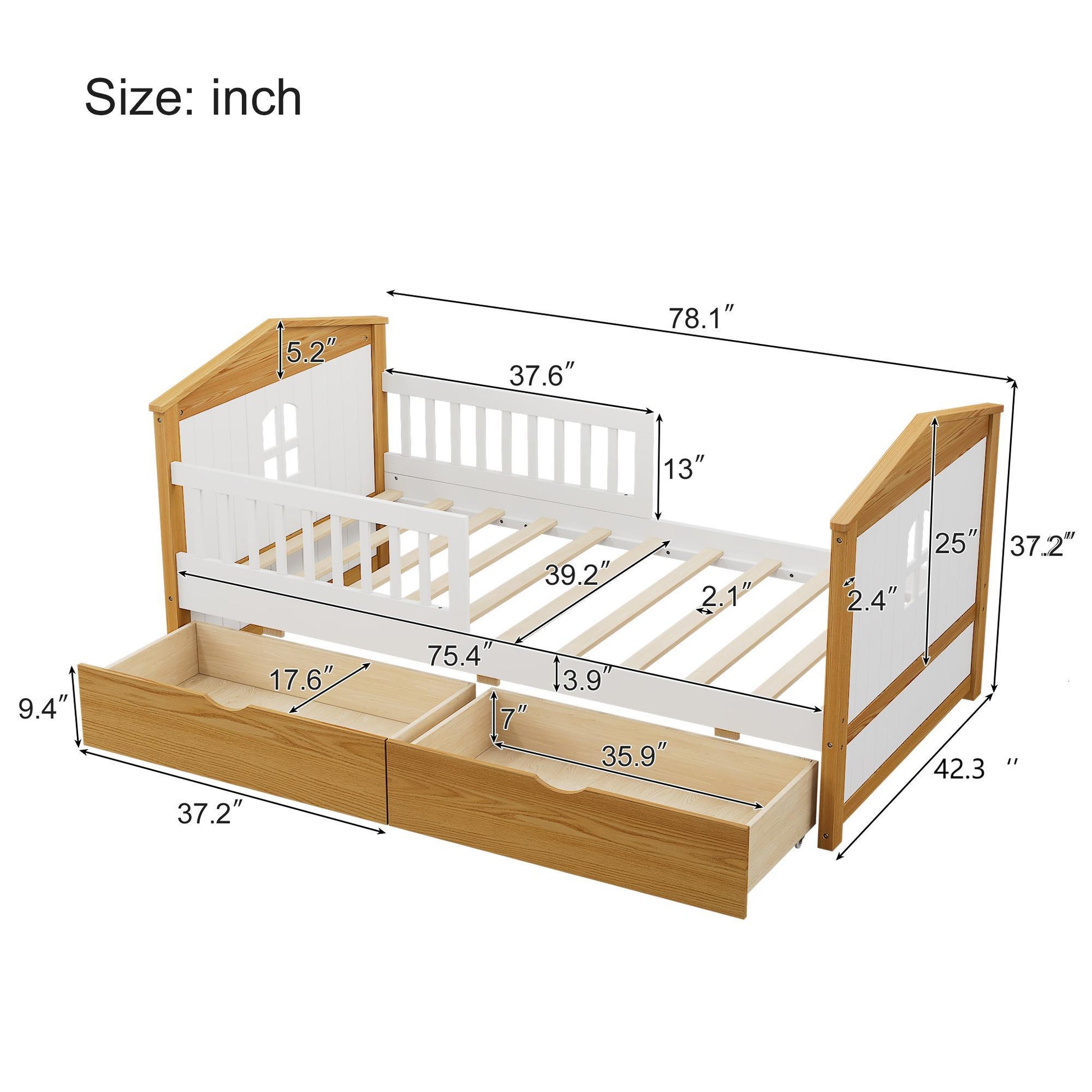 Twin Size House Shape Bed With Two Drawers Wooden Bed For Girls Boys Teens, No Box Spring Needed, Walnut And White Box Spring Not Required Twin White Walnut Wood Bedroom Cute Pine Bed Frame Wood