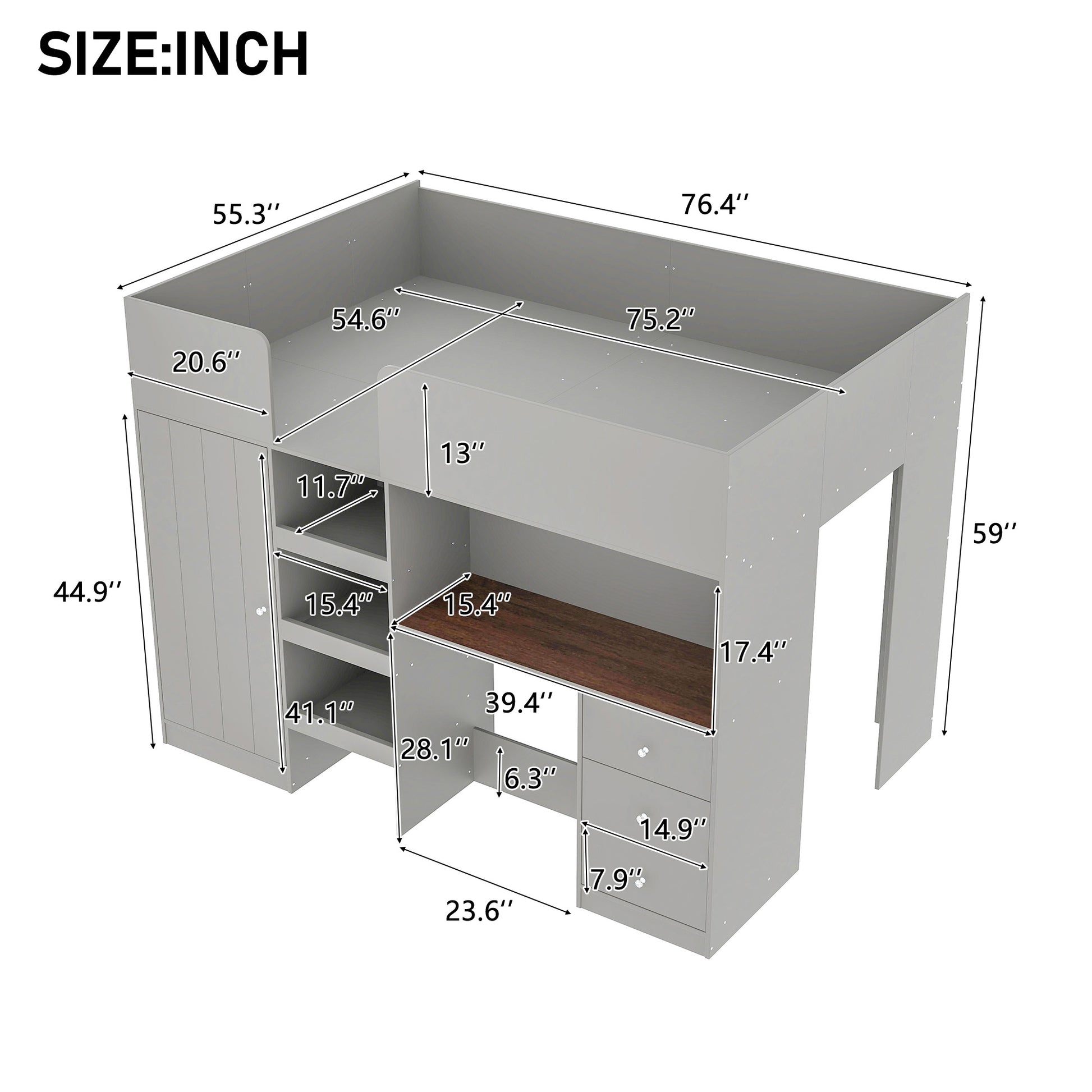 Wood Full Size Loft Bed With Built In Wardrobe, Desk, Storage Shelves And Drawers, Grey Box Spring Not Required Full Grey Wood Bedroom Bed Frame Solid Wood Mdf