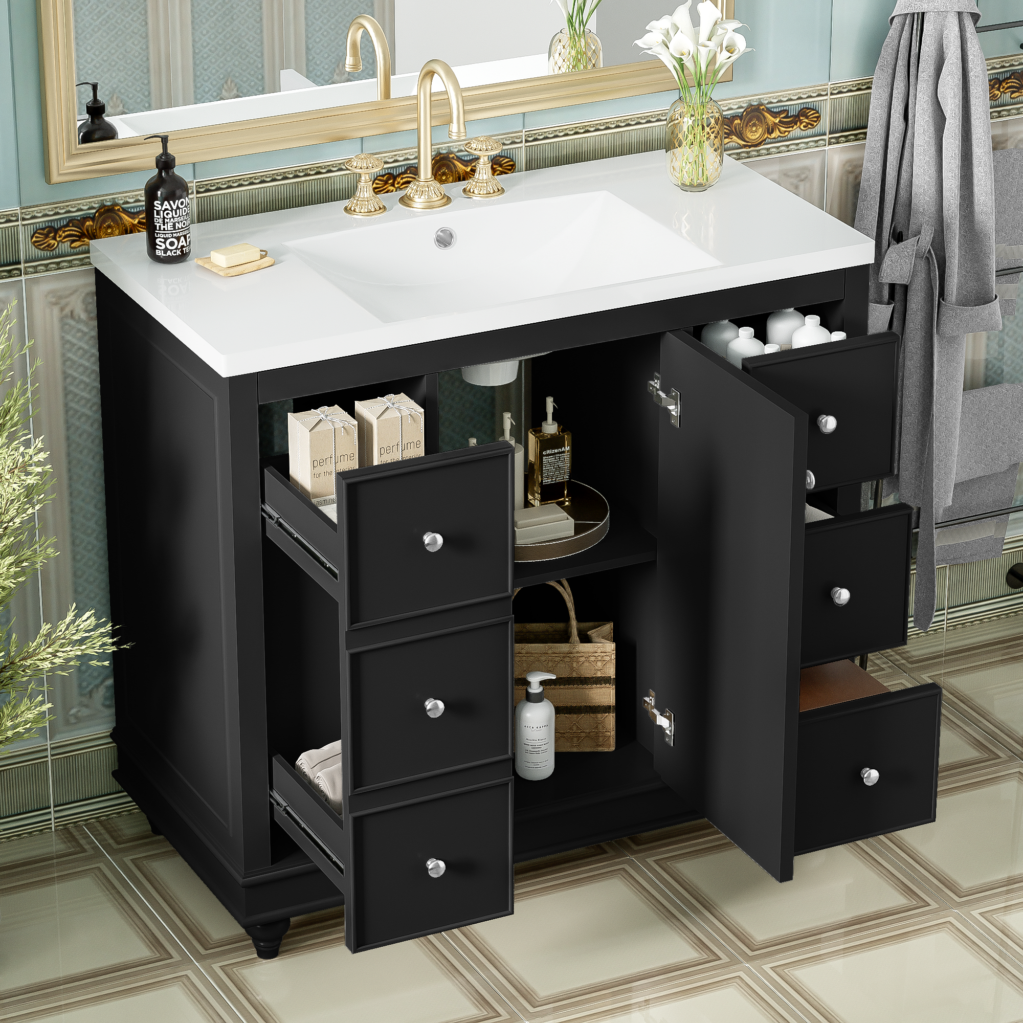 Contemporary Black Bathroom Vanity Cabinet 36X18X34 Inches, 4 Drawers & 1 Cabinet Door, Multipurpose Storage, Resin Integrated Sink, Adjustable Shelves, Solid Wood Frame With Mdf Black Bathroom