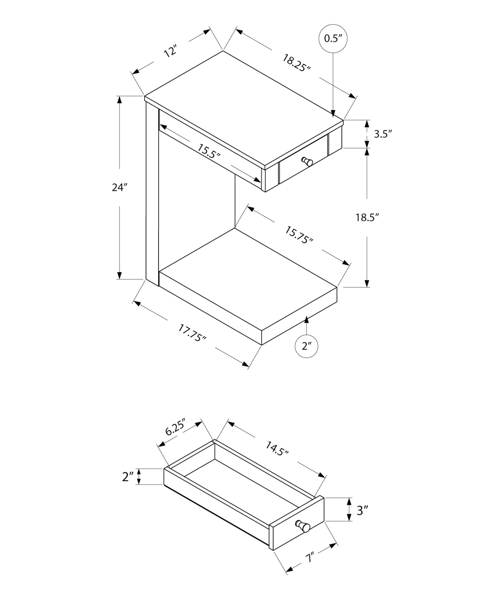 Accent Table, C Shaped, End, Side, Snack, Storage Drawer, Living Room, Bedroom, Brown Laminate, Contemporary, Modern Taupe Particle Board