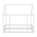 Full Size Floor Wooden Bed With House Roof Frame And Safety Guardrails ,White Full White Pine