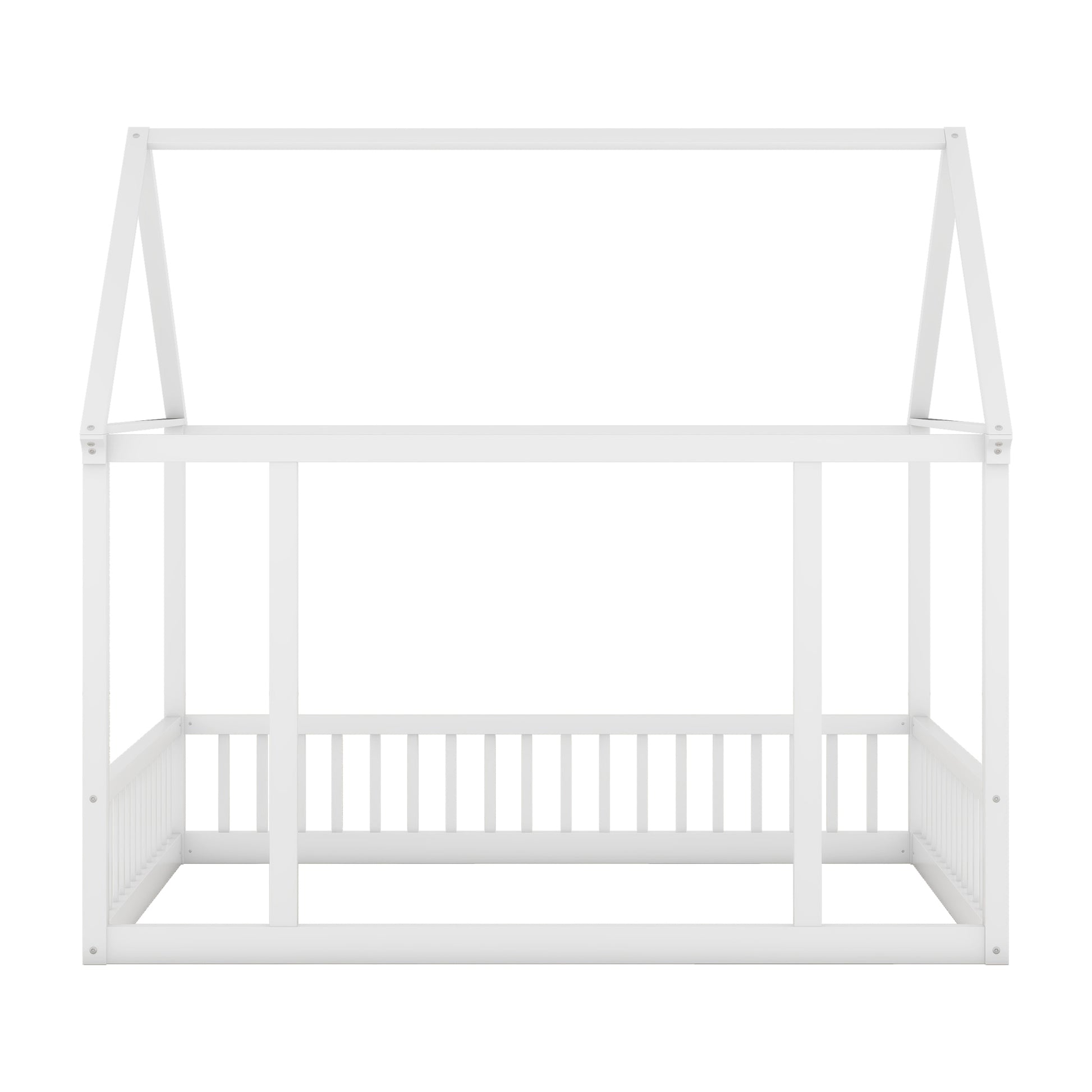 Full Size Floor Wooden Bed With House Roof Frame And Safety Guardrails ,White Full White Pine