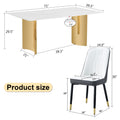 Table And Chair Set.The Table Has A Glass Top With Imitation Marble Pattern Stickers And Stainless Steel Golden Legs. Paried With Chairs With Pu Artificial Leather Backrest Cushions And Black Legs. White Gold Seats 6 Glass Metal