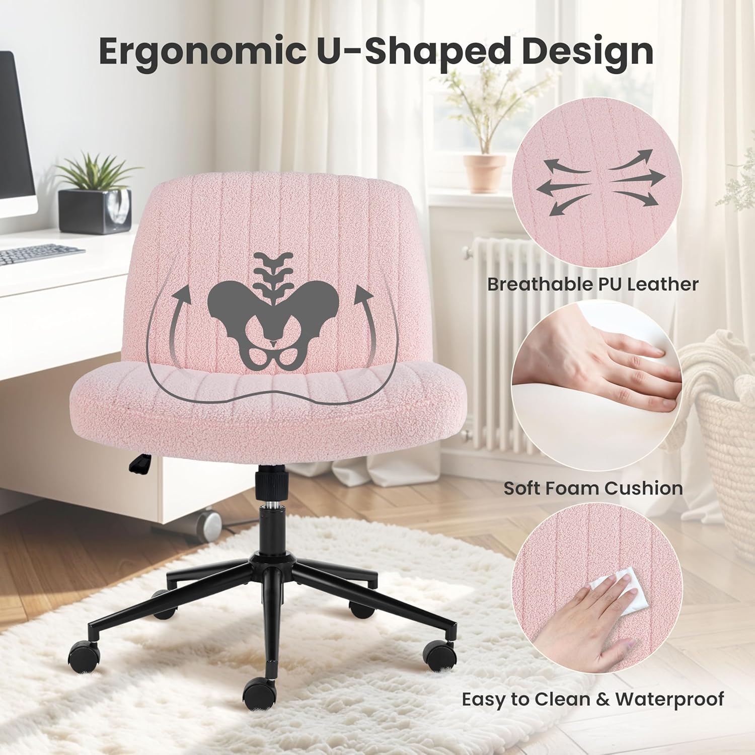 Criss Cross Chair With Wheels, Armless Legged Office Desk Chair, Comfy Swivel Rolling Vanity Chair, Ergonomic Fabric Modern Wide Seat Adjustable Home Office Chair Pink Pink Metal