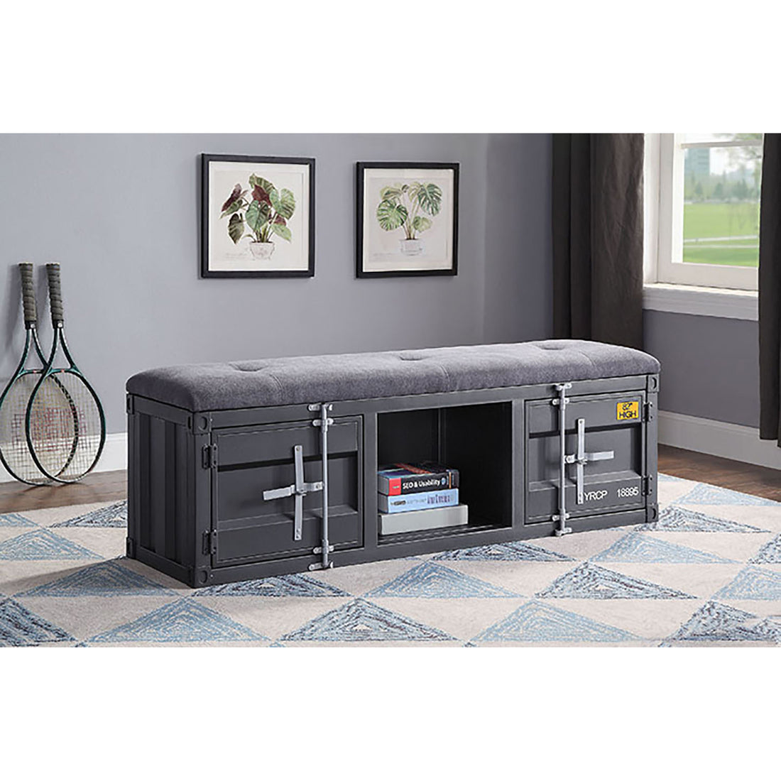 Grey And Gunmetal Storage Bench Grey Industrial,Modern Shelves Fabric Metal