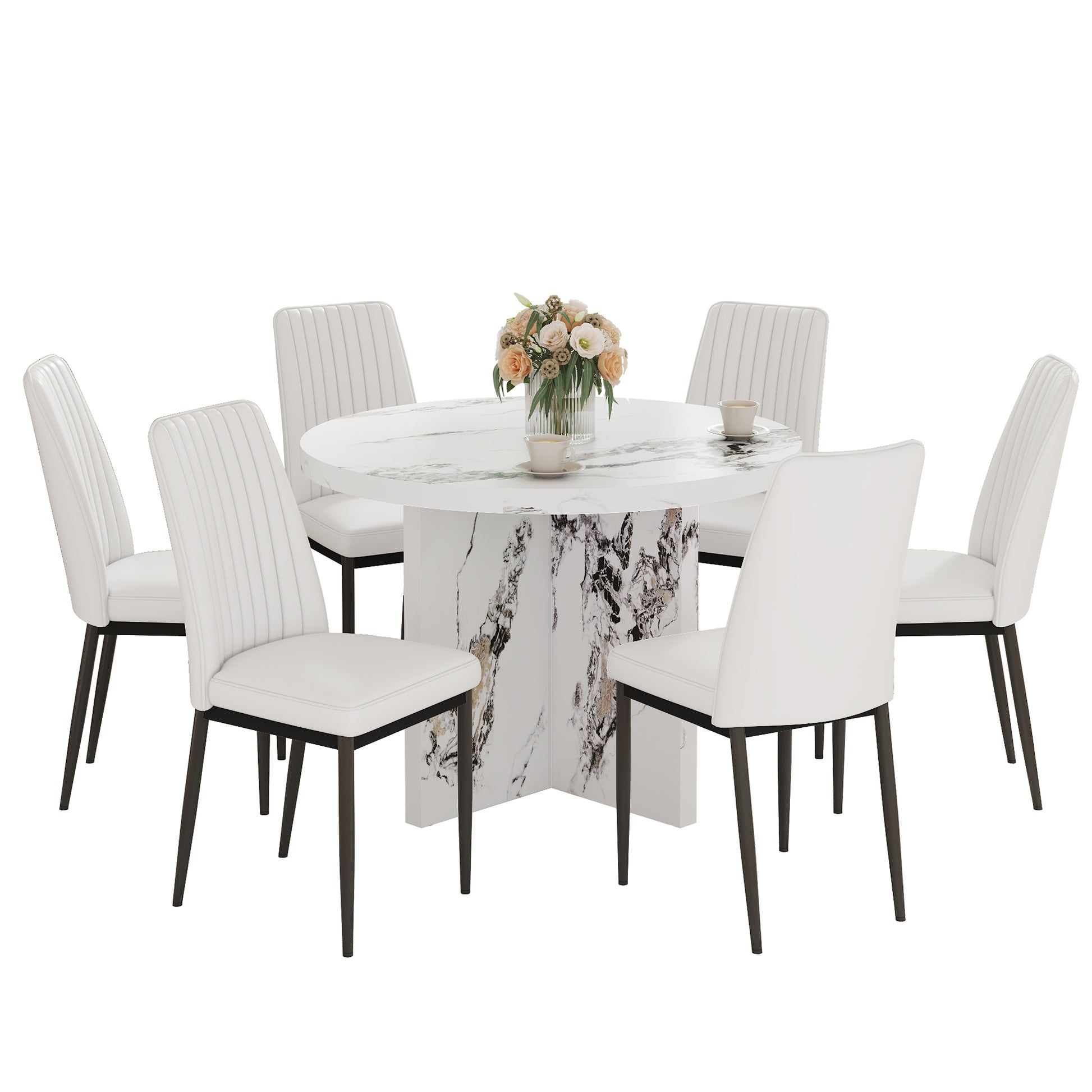 7 Piece Round Dining Table Set, 42 Inch Modern Round Table And 6 Upholstered Chairs For Dining Room, Kitchen Room, Living Room, Easy Assembly Metal White 42 Inches Modern Trestle Round Mdf Mdf