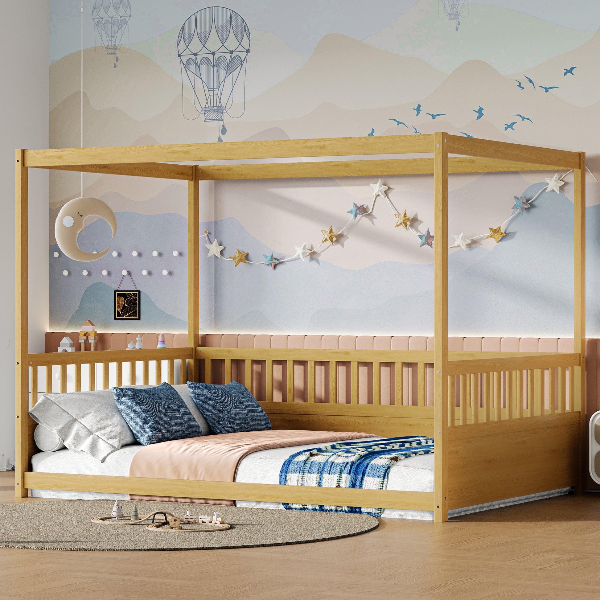 Full Size Canopy Bed Frame With Guardrails For Kids,Floor Bed Full With Four Poster Design,Kids Montessori Floor Bed,Wood Canopy Bed Frame For Girls,Boys Full,Natural Box Spring Required Full
