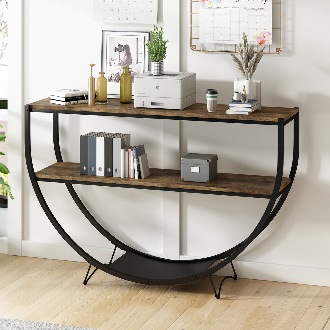Rustic Industrial Design Demilune Shape Textured Metal Distressed Wood Console Table Distressed Brown Distressed Brown Mdf