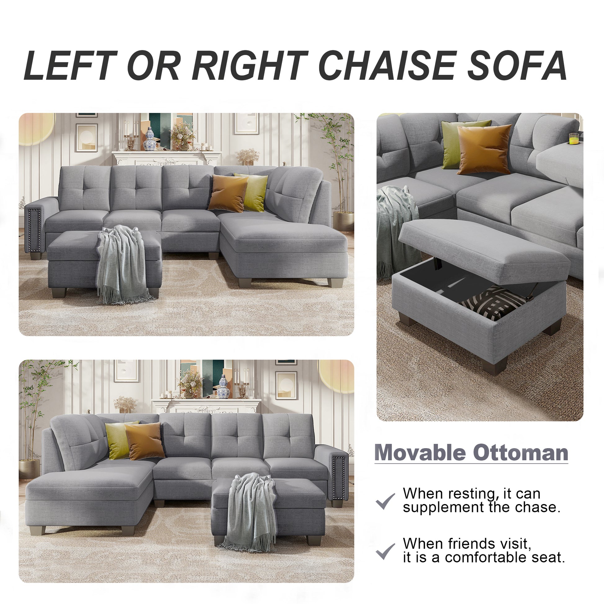 Orisfur. Reversible Sectional Sofa Space Saving With Storage Ottoman Rivet Ornament L Shape Couch For Large Space Dorm Apartment Light Grey Foam Linen 5 Seat