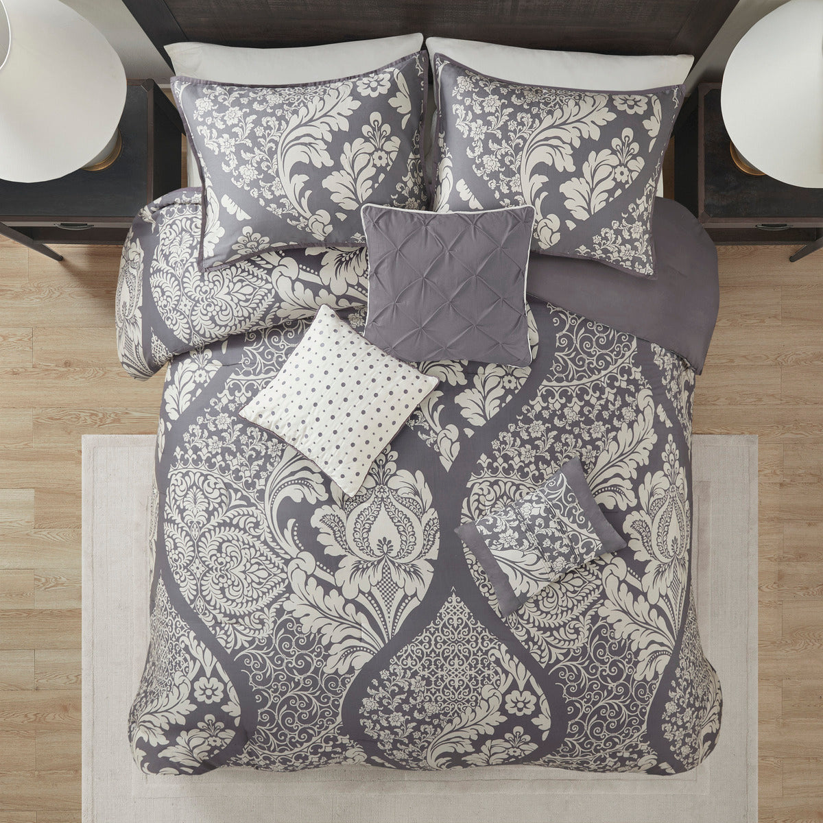 7 Piece Cotton Printed Comforter Set Grey King King Grey Polyester