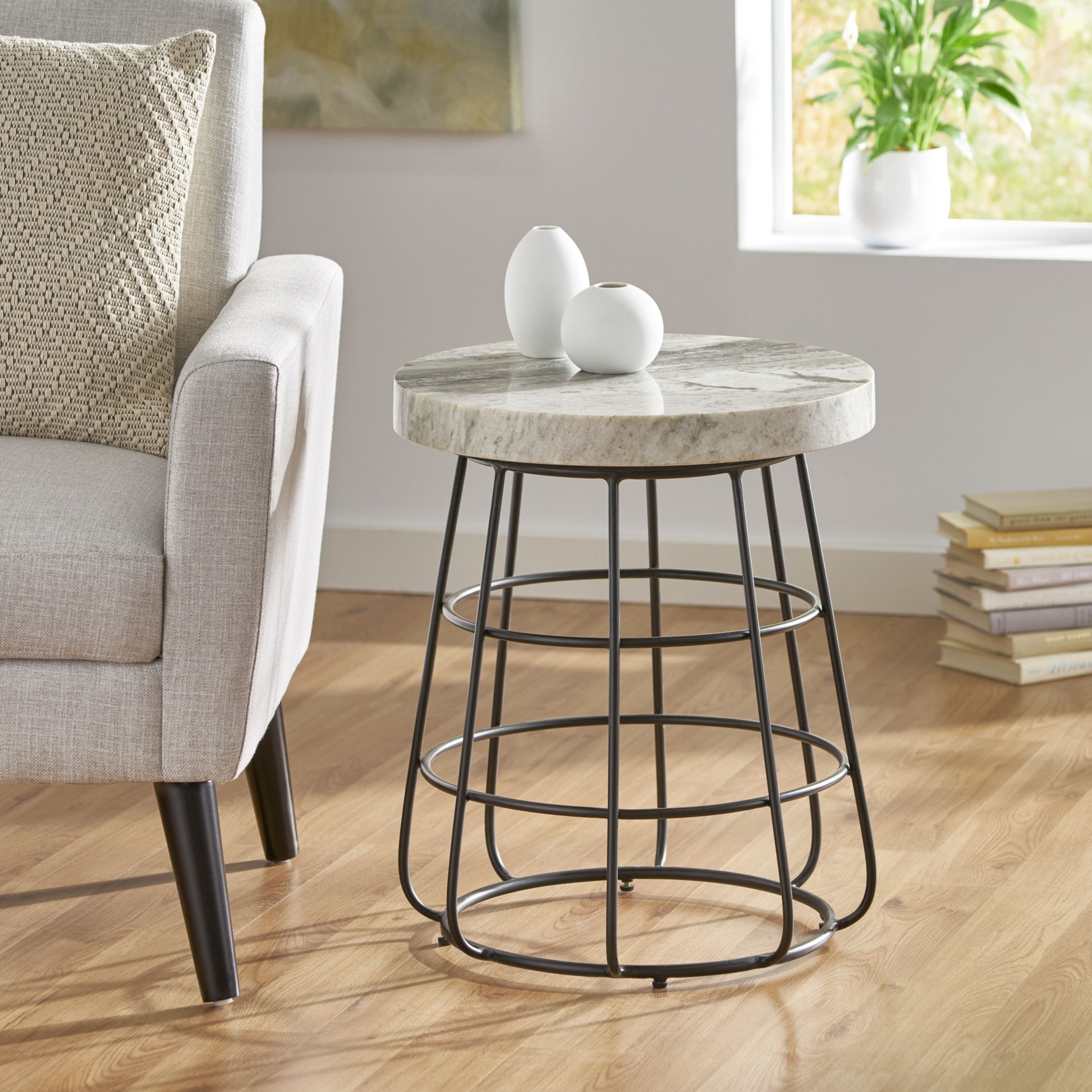 Side Table Black White Marble Metal
