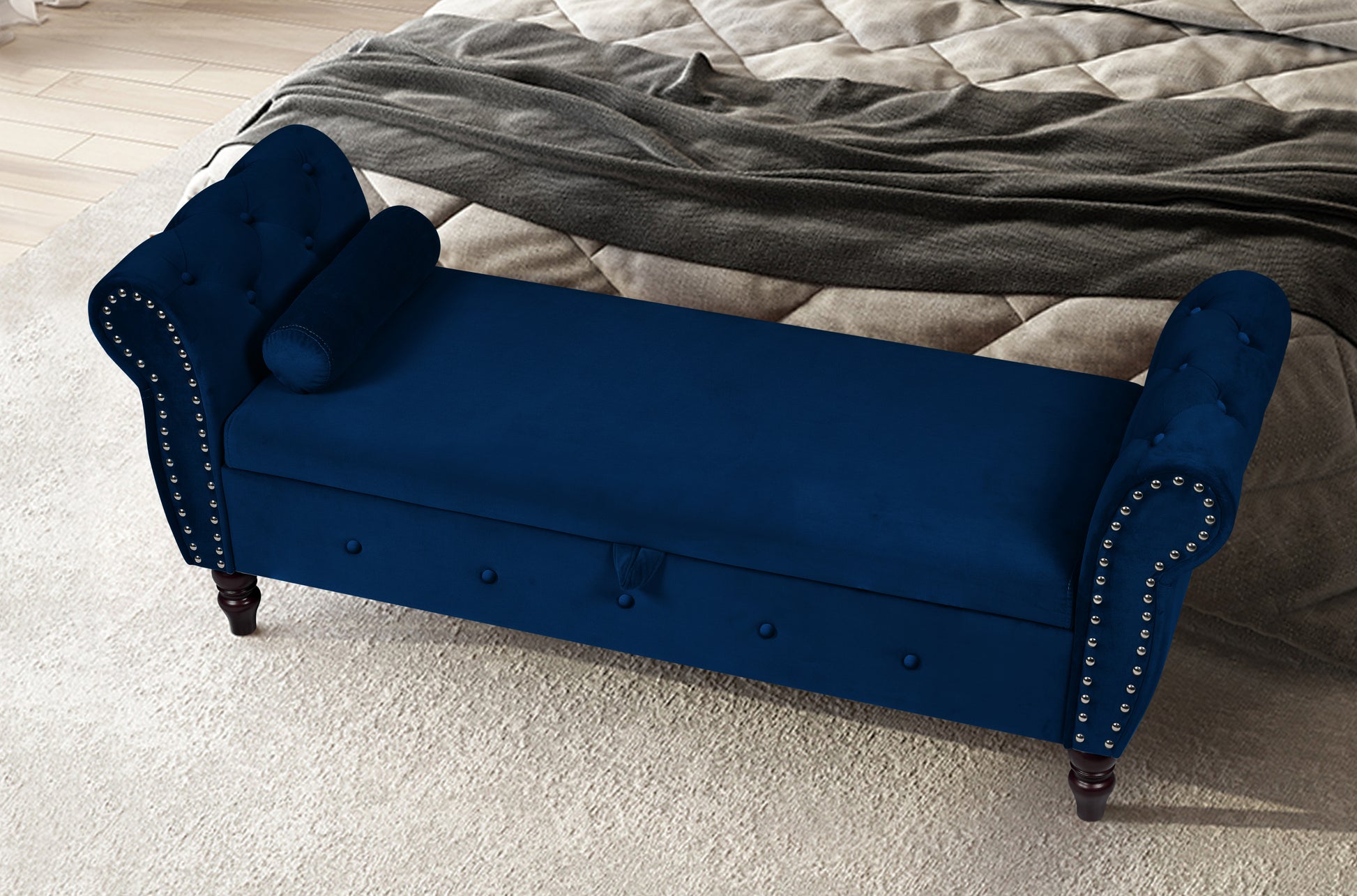 63 Inch Storage Bench, Modern Velvet Ottoman, Large Capacity Storage Bench With Armrest, Suitable For Living Room, Bedroom H Dark Blue Armrest Dark Blue Brown Velvet Primary Living Space Black Modern,Sporty Eucalyptus Wood Internal Storage Upholstered